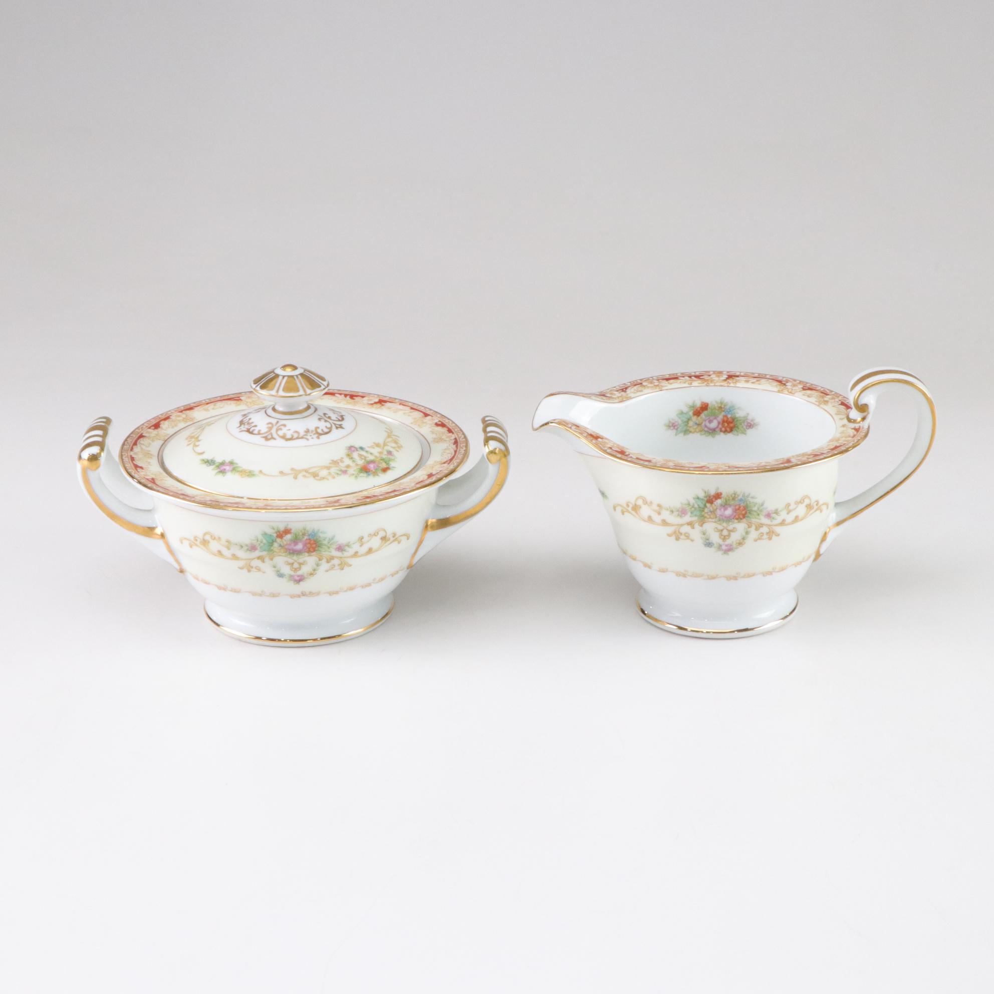 Noritake Gilt-Rimmed Sugar & Creamer with Other Dinnerware
