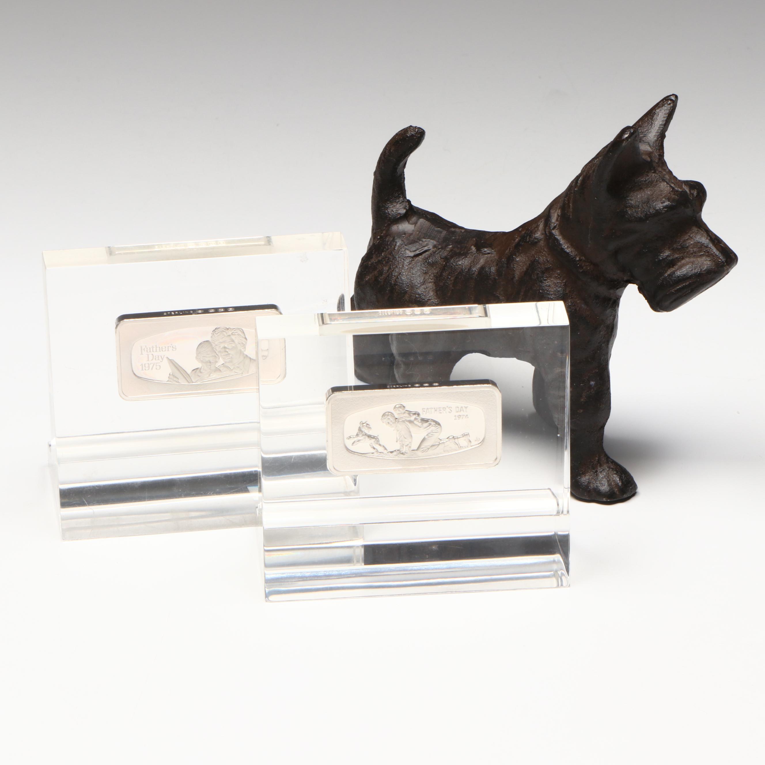 The Franklin Mint Father's Day Silver Bars Encased in Lucite with Cast Iron Dog
