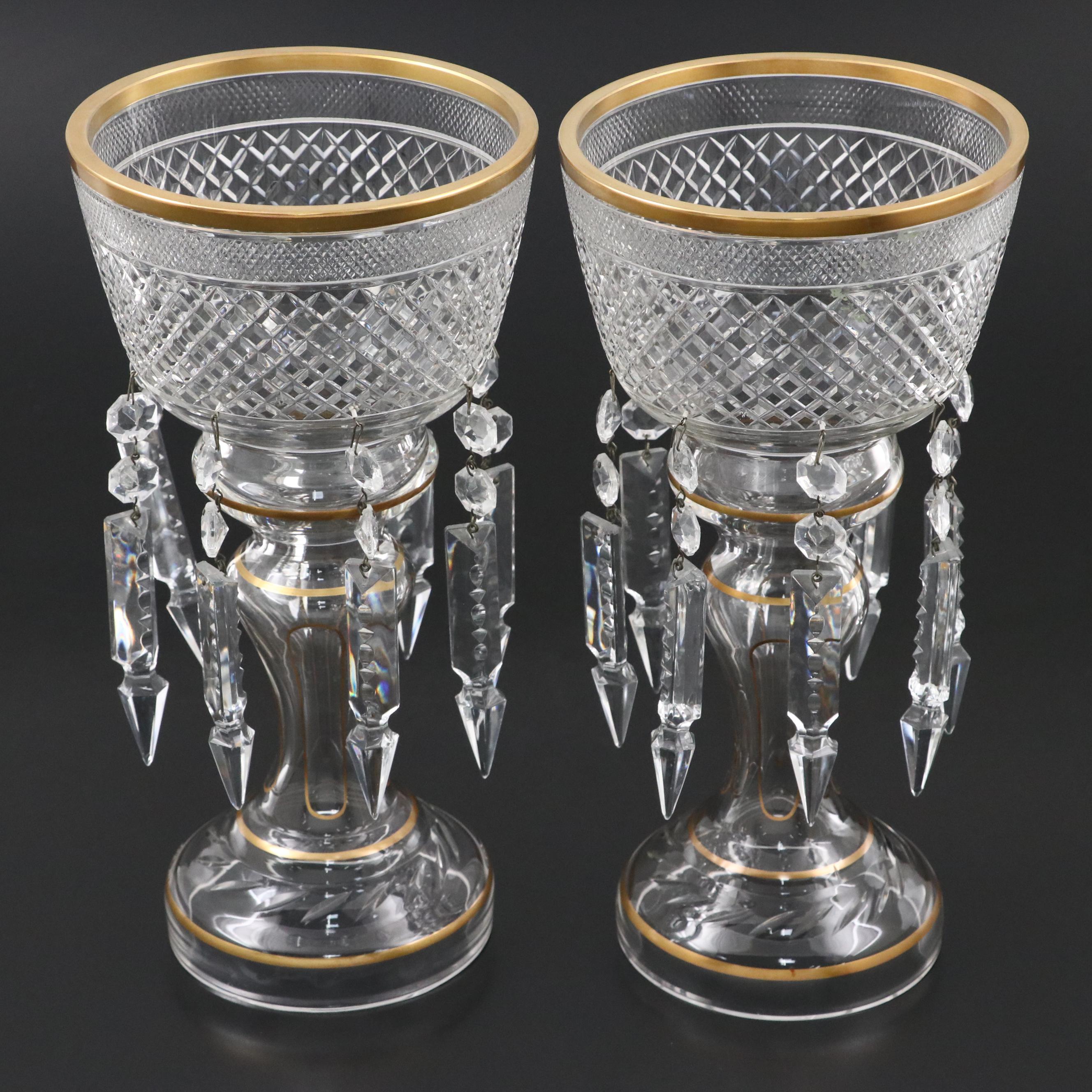 Bohemian Style Gilt Rimmed Glass Mantel Lusters