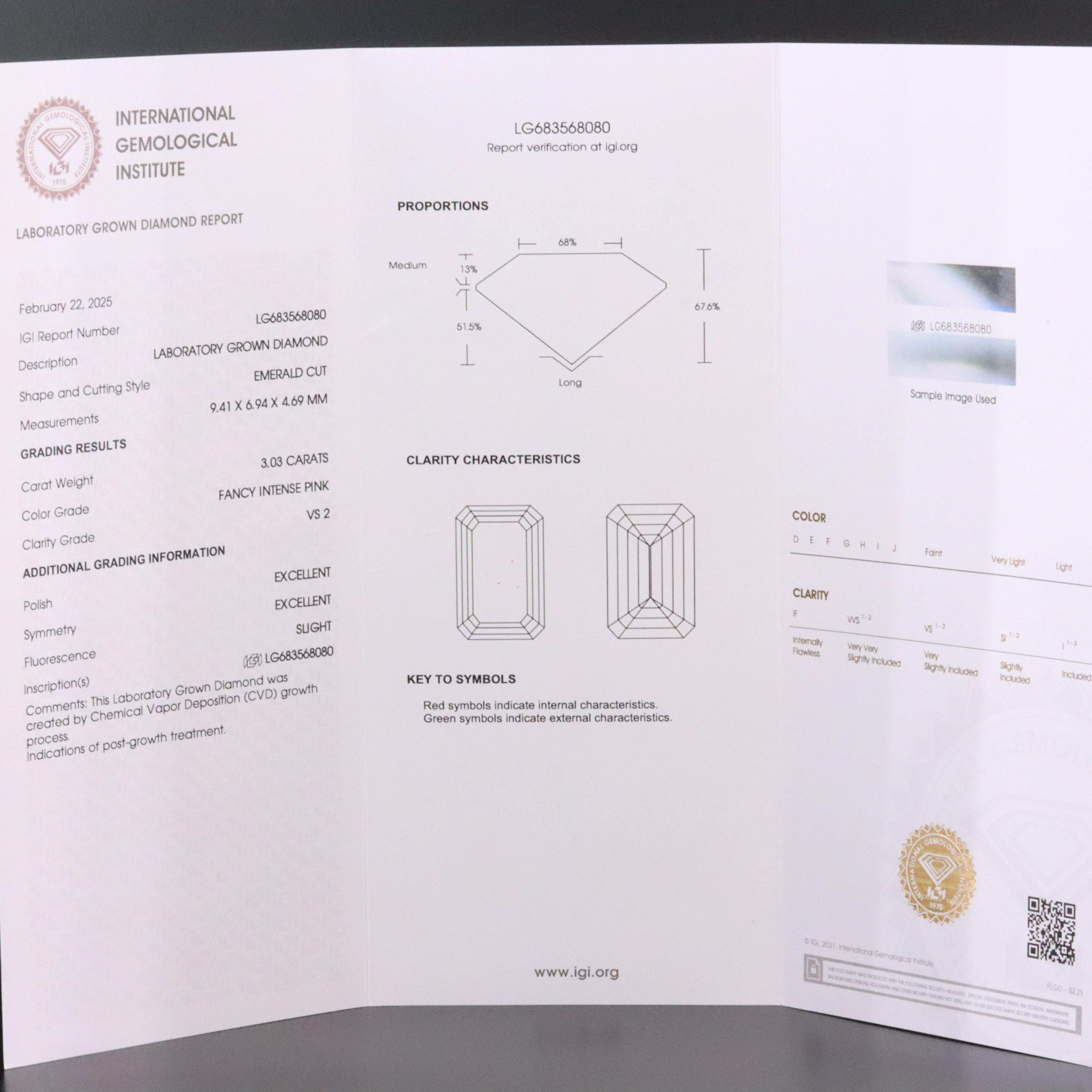Loose 3.03 CT Lab Grown Fancy Pink Diamond with IGI Report