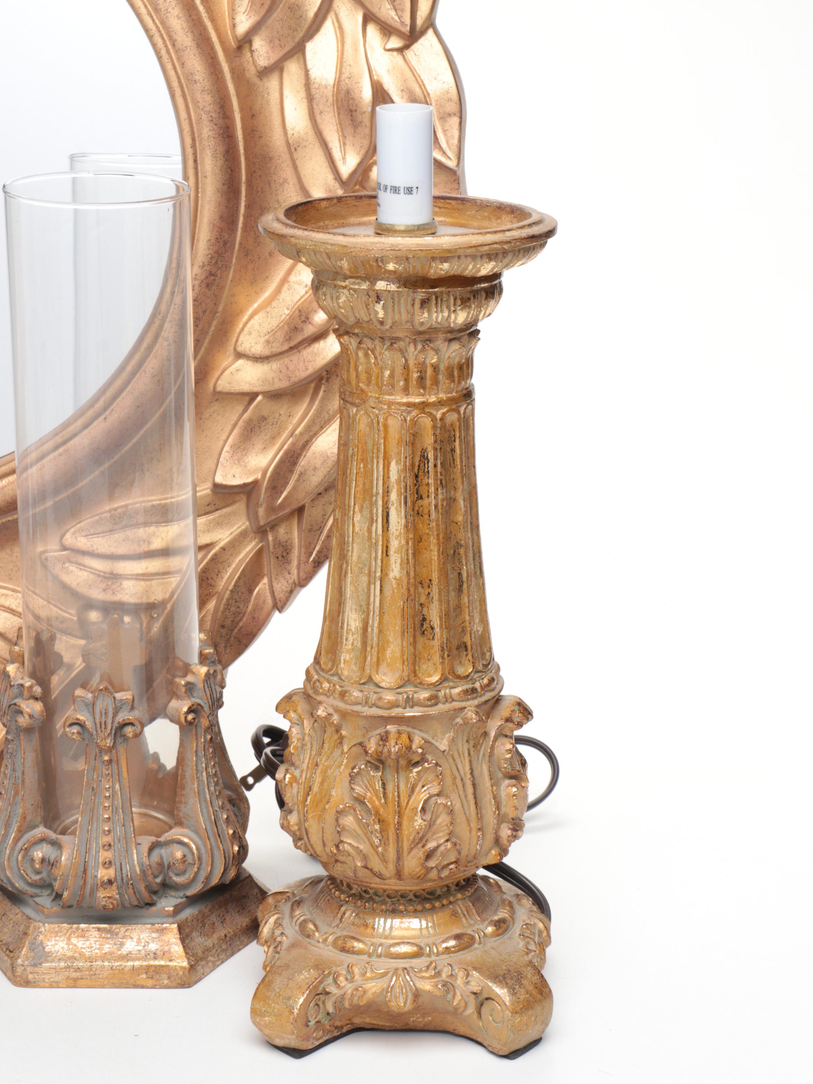 Neoclassical Style Gilt Mirror with Candlesticks and Lamps