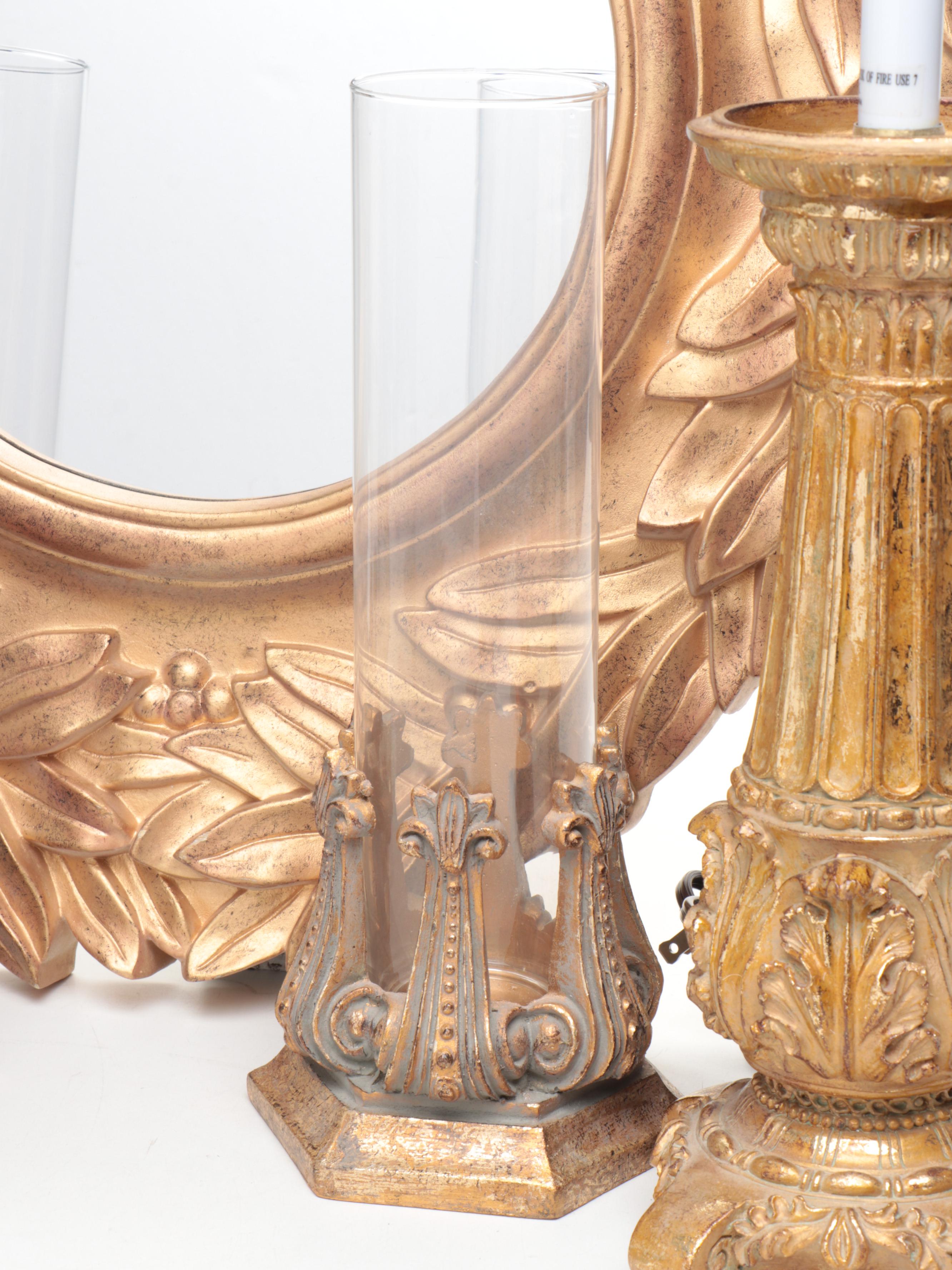 Neoclassical Style Gilt Mirror with Candlesticks and Lamps