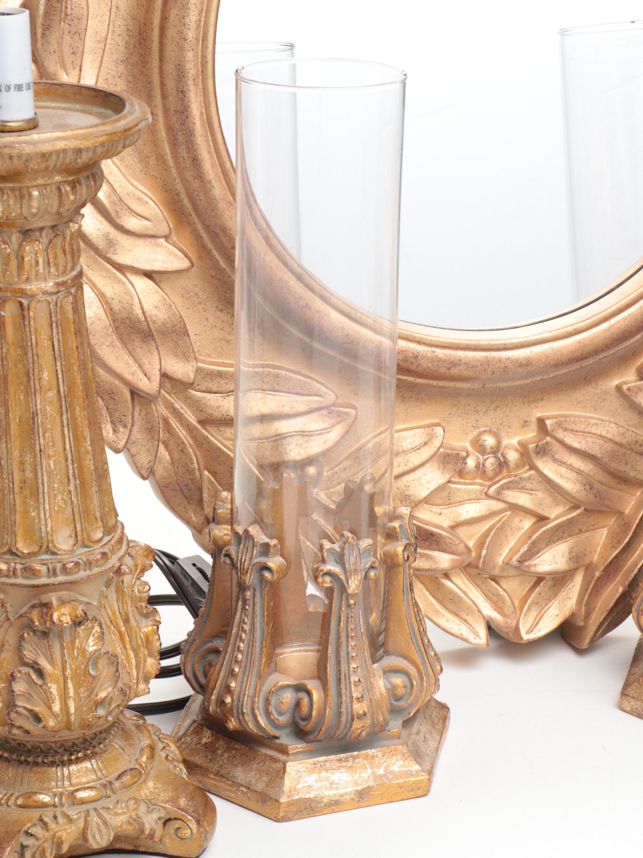 Neoclassical Style Gilt Mirror with Candlesticks and Lamps