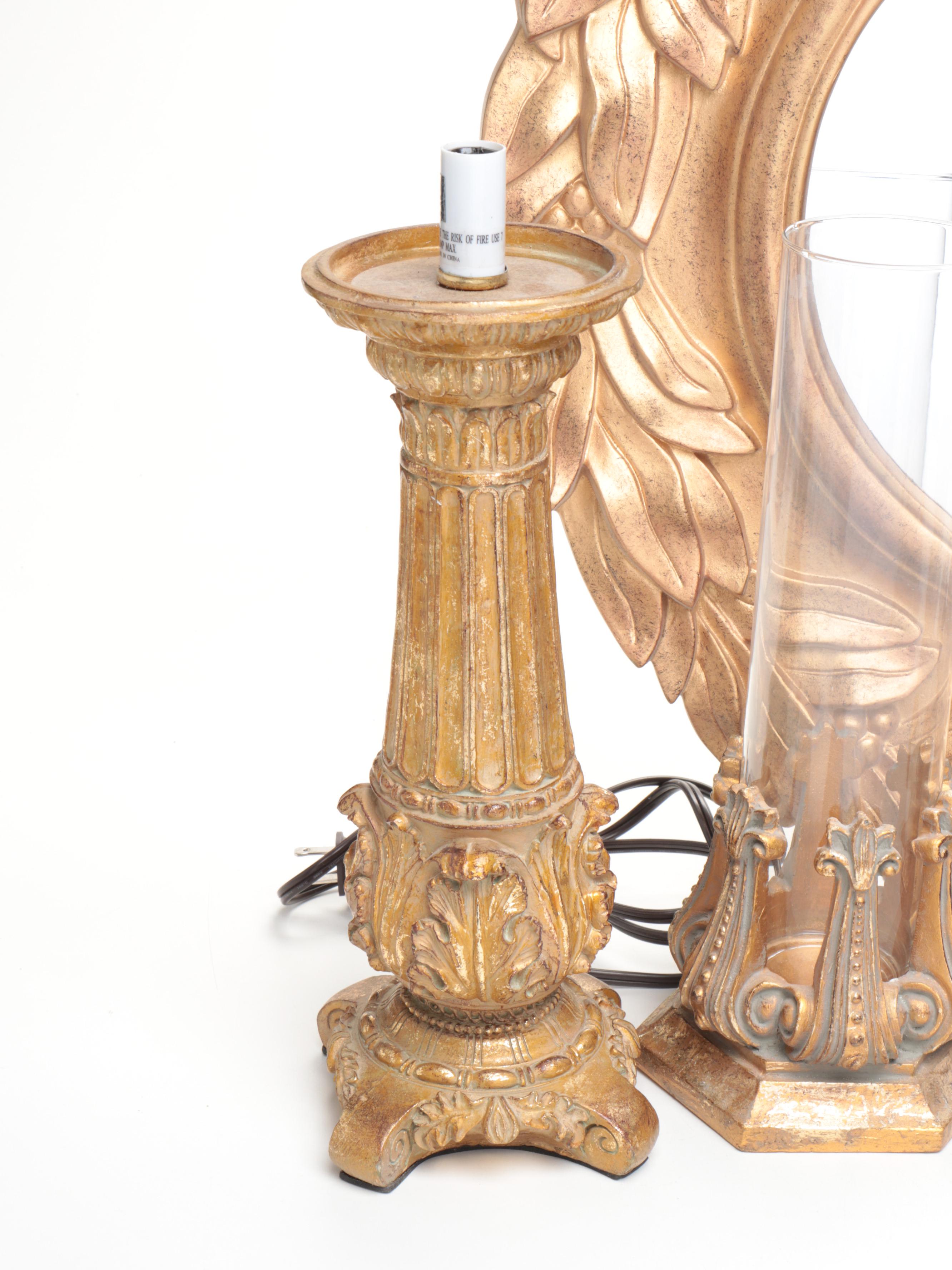 Neoclassical Style Gilt Mirror with Candlesticks and Lamps