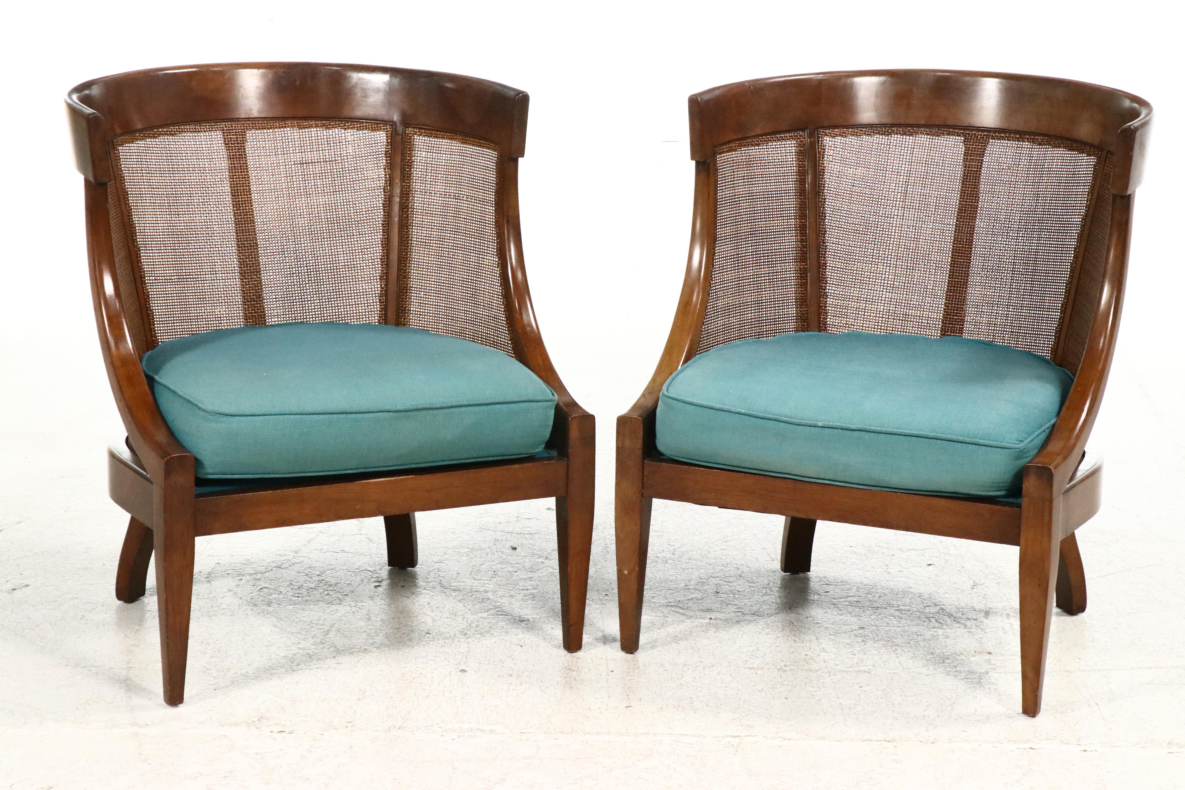 Pair of Classical Style Caned Walnut Barrel Back Chairs, Mid to Late 20th C.