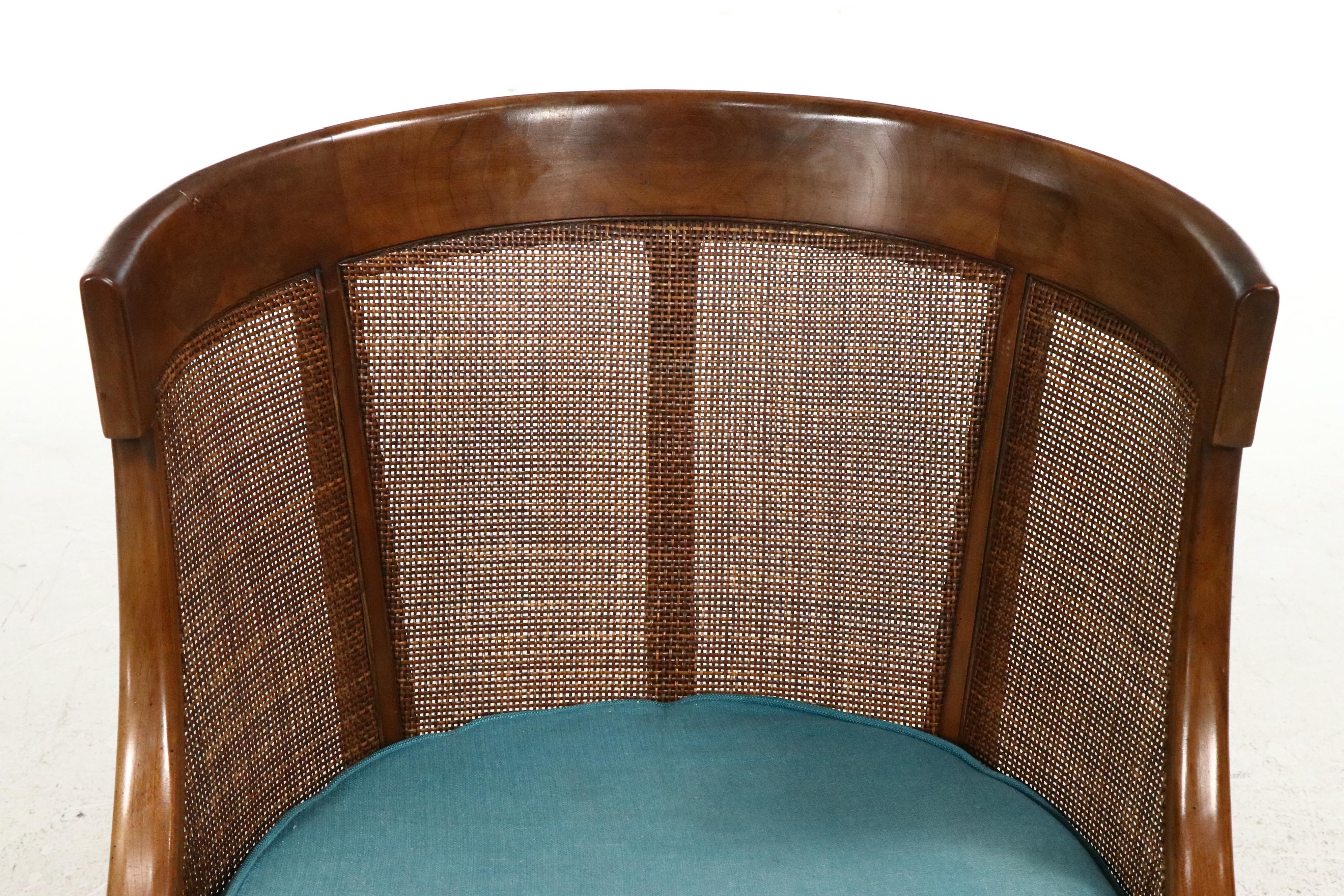 Pair of Classical Style Caned Walnut Barrel Back Chairs, Mid to Late 20th C.