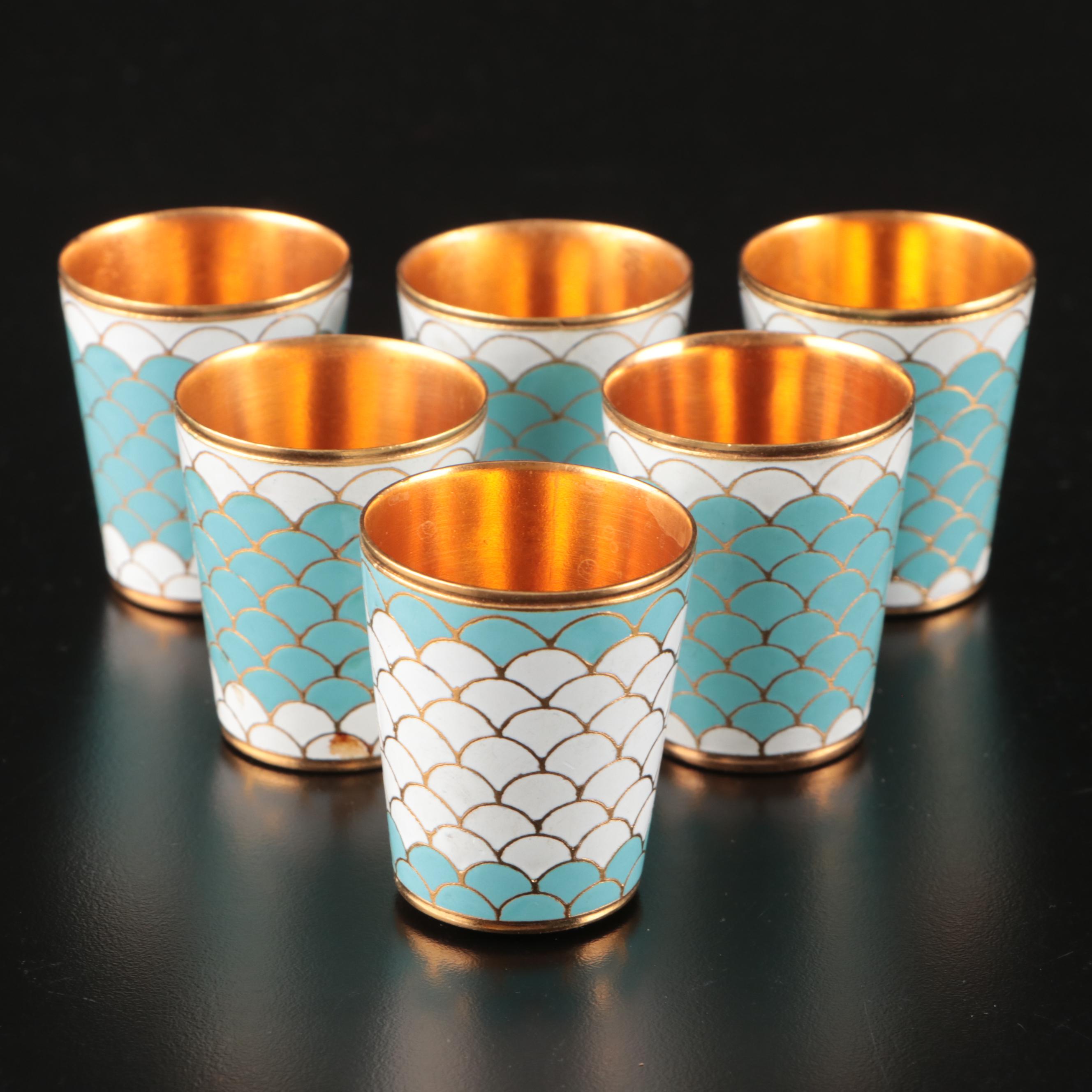 Russian Enameled Vodka Cups with Glass Bowls and Other Serving Pieces
