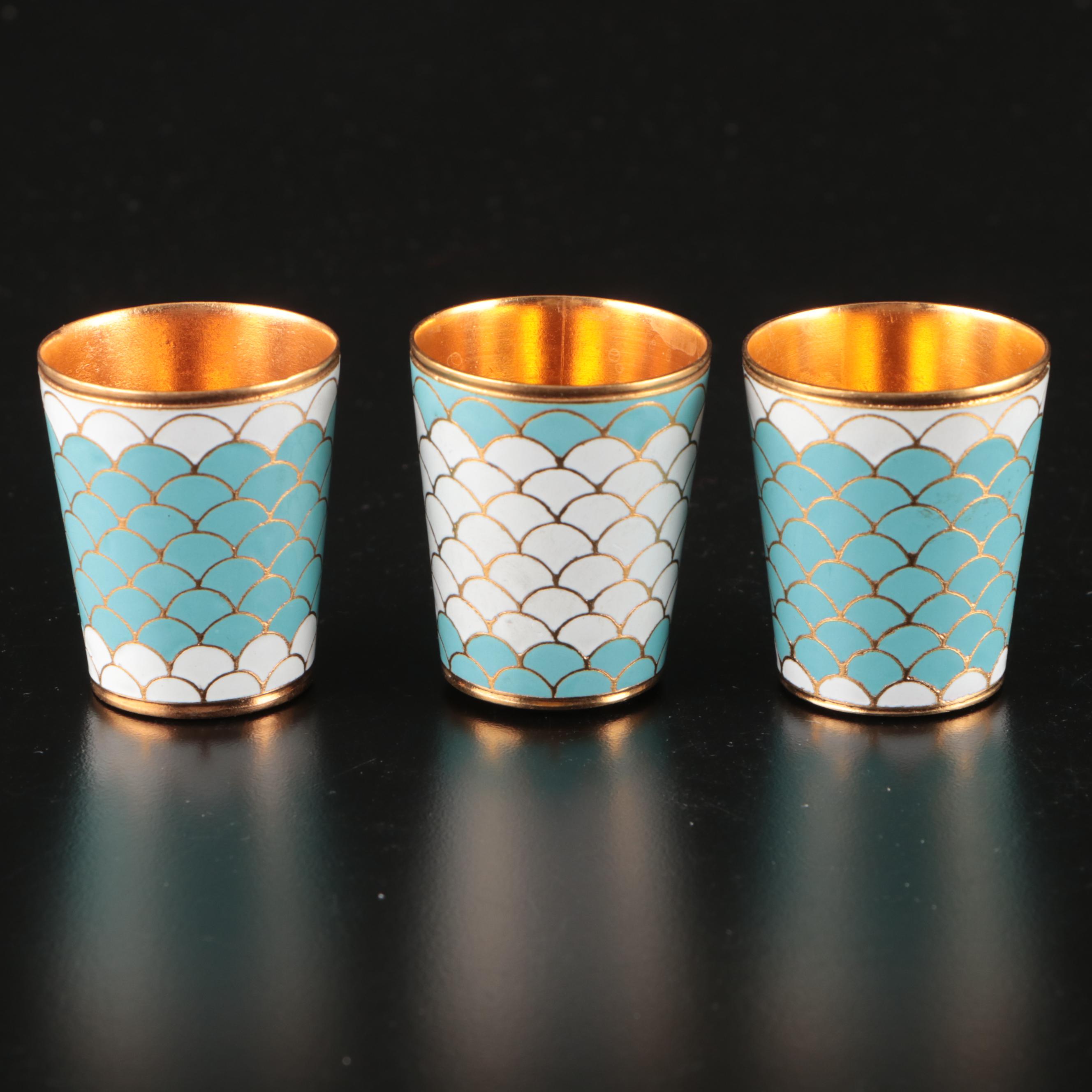 Russian Enameled Vodka Cups with Glass Bowls and Other Serving Pieces
