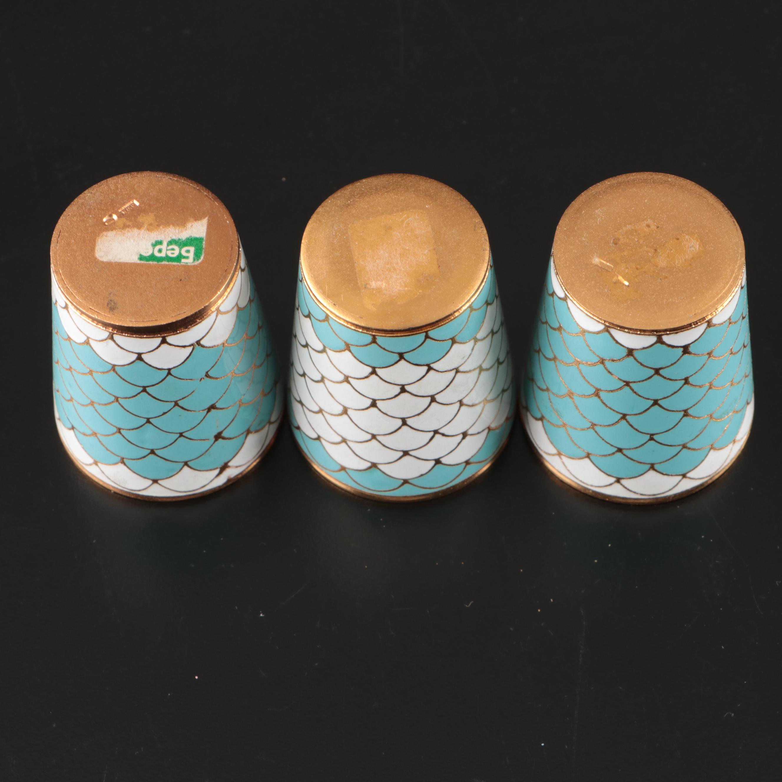 Russian Enameled Vodka Cups with Glass Bowls and Other Serving Pieces