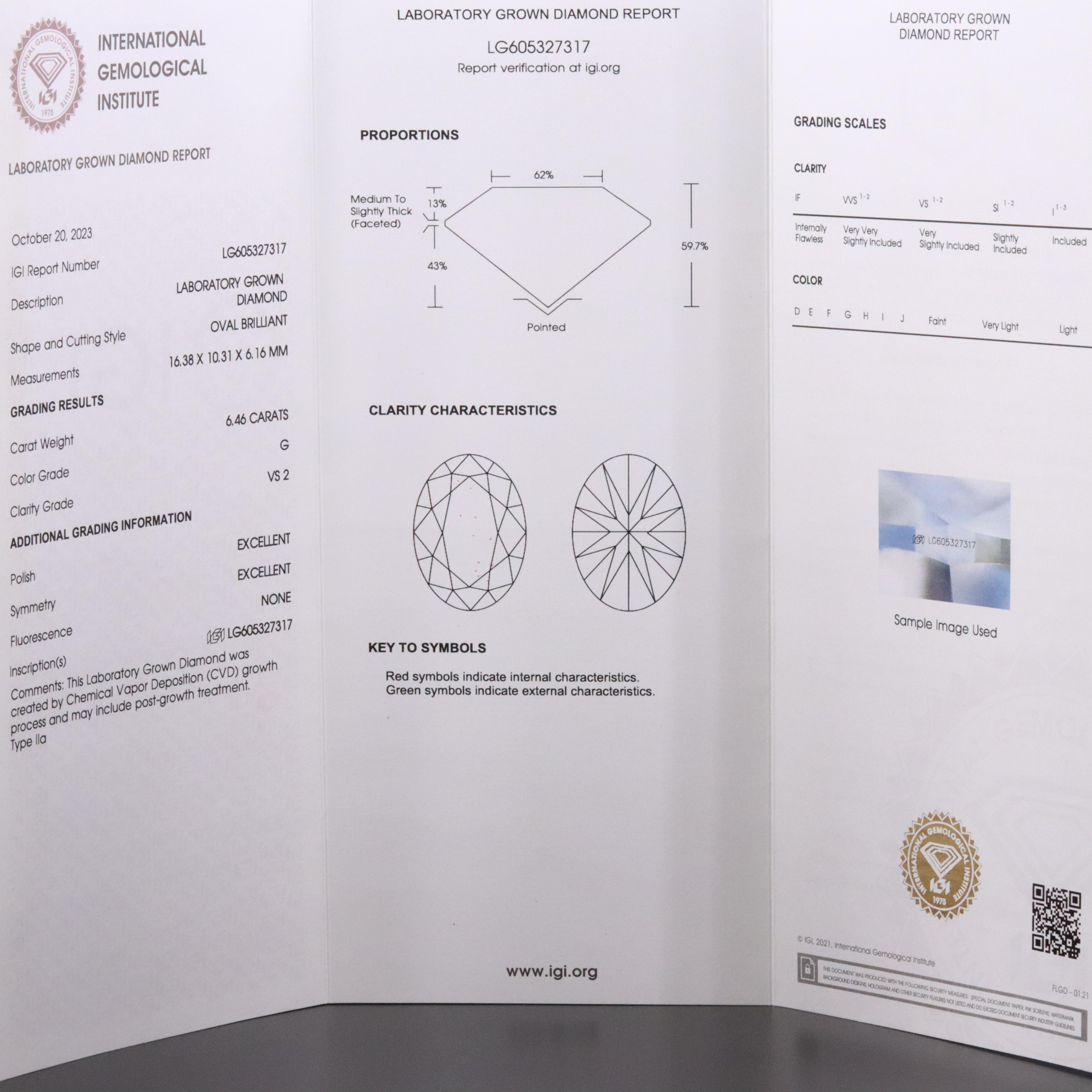 Loose 6.46 CT Lab Grown Diamond with an IGI Report