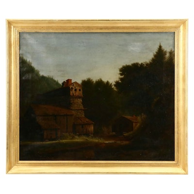 Oil Painting of Cabin in Wooded Landscape, 19th Century Oil Painting of Cabin in Wooded Landscape, 19th Century