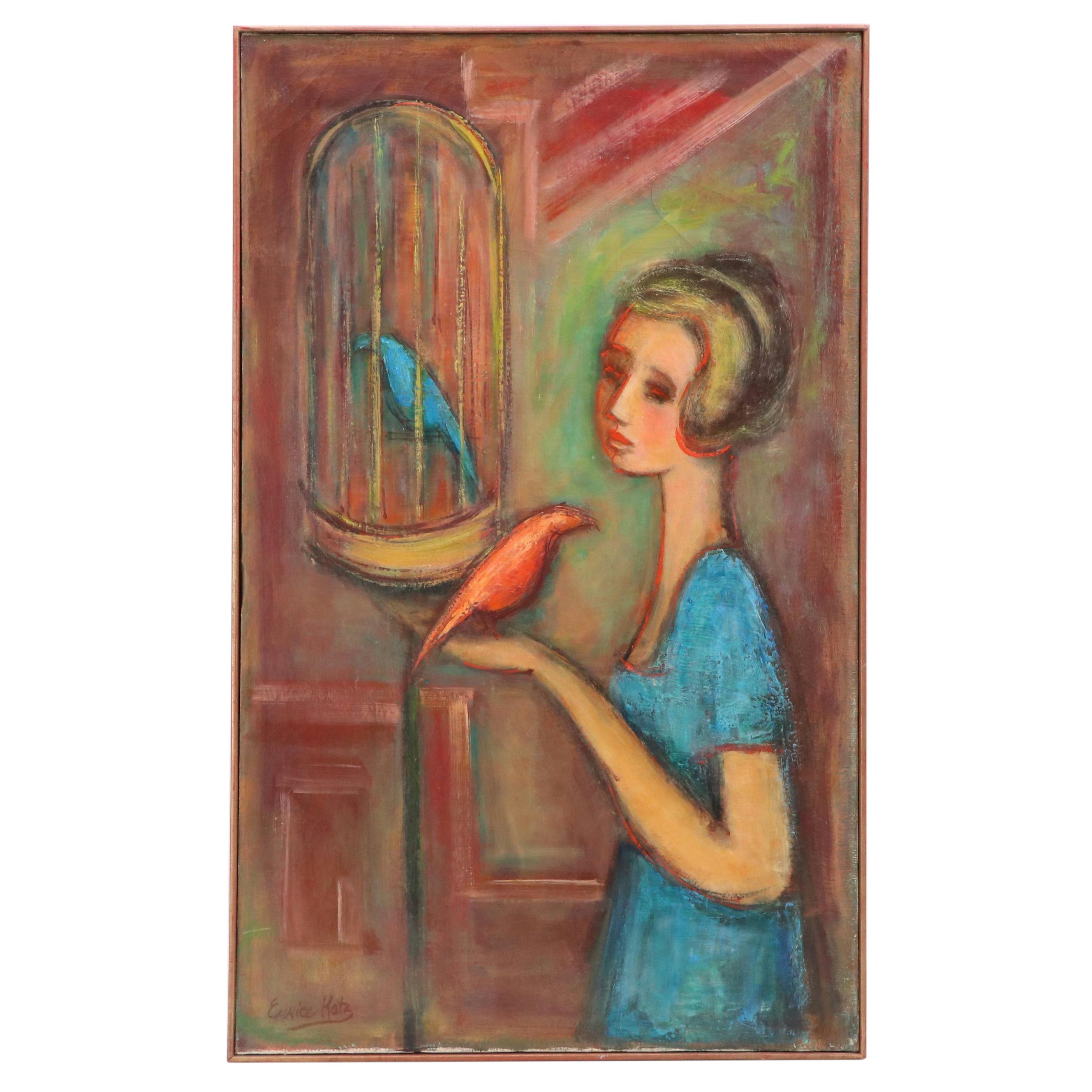Eunice Katz Modernist Oil Painting of Woman with Birds, Mid to Late 20th Century