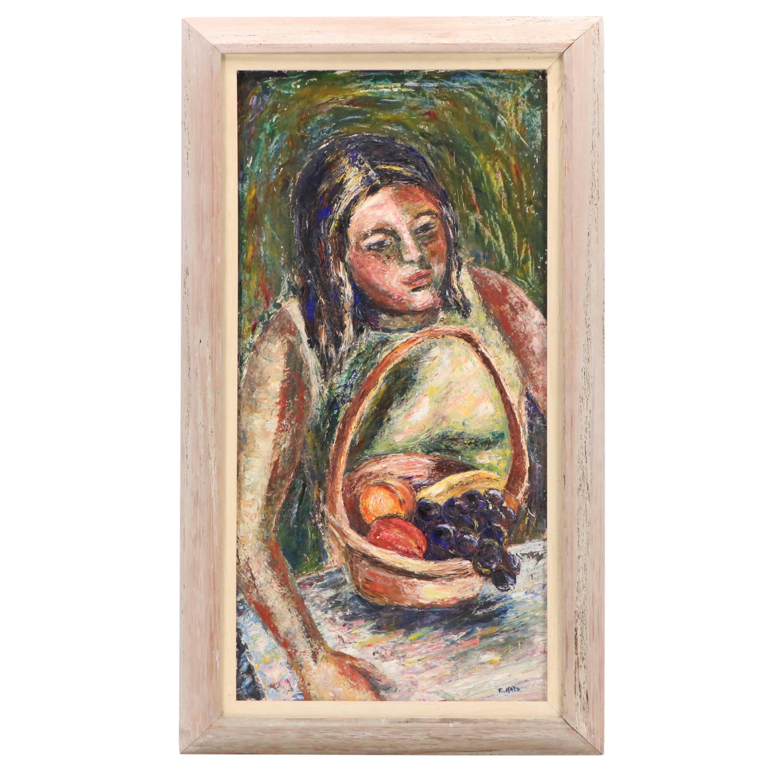 Eunice Katz Oil Painting of Figure with Fruit Bowl, Mid to Late 20th Century