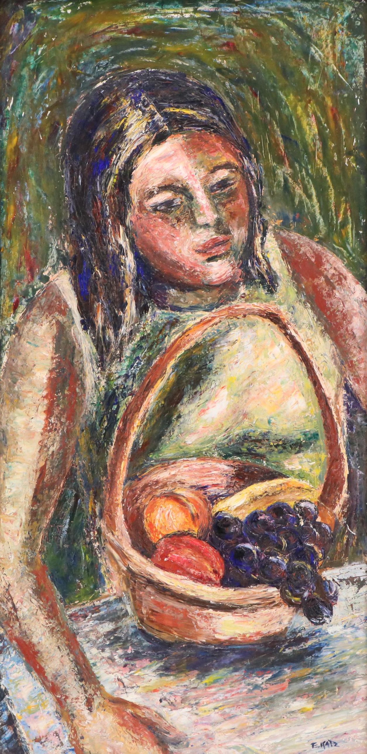 Eunice Katz Oil Painting of Figure with Fruit Bowl, Mid to Late 20th Century