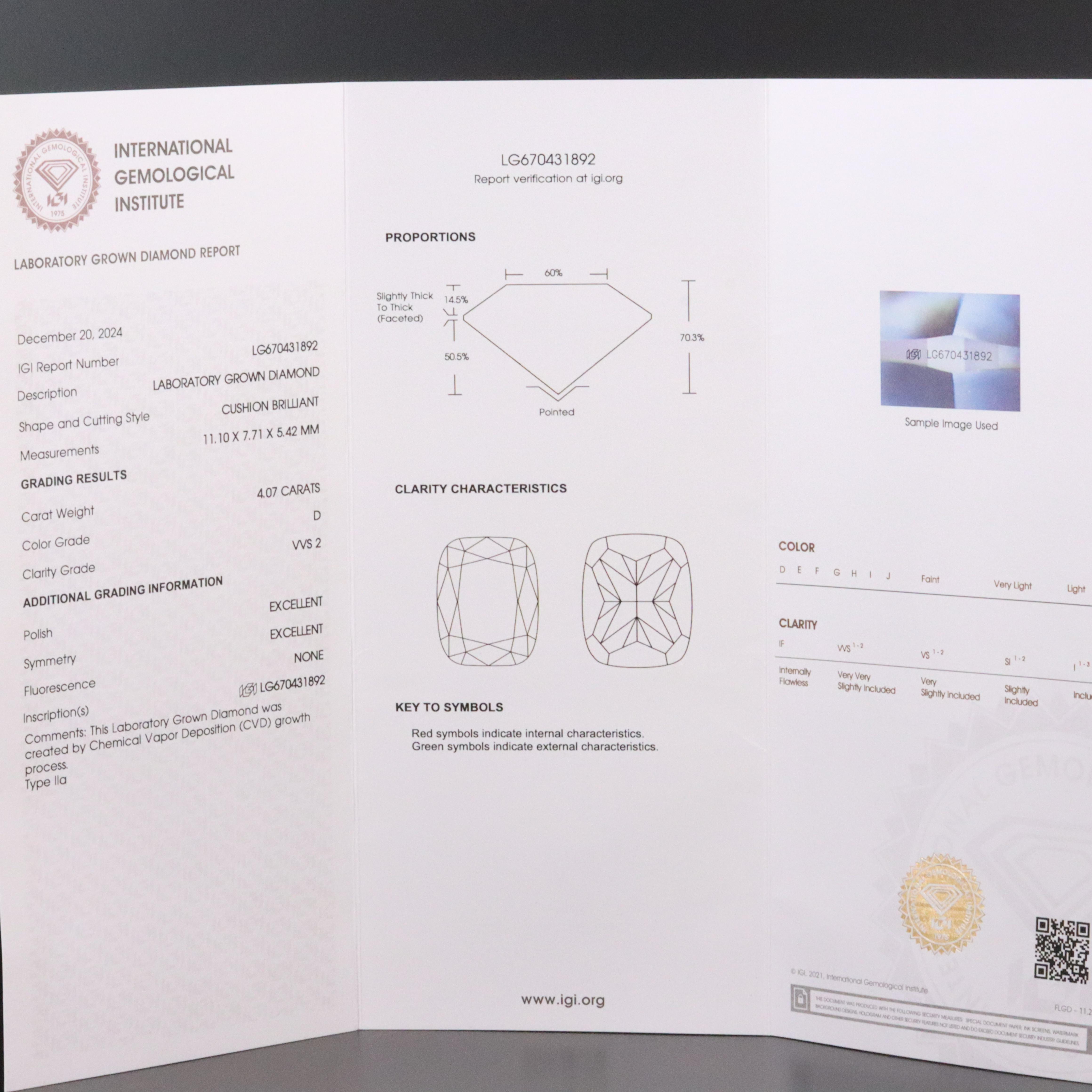 Platinum 4.07 CT Lab Grown Diamond Solitaire Ring with IGI Report