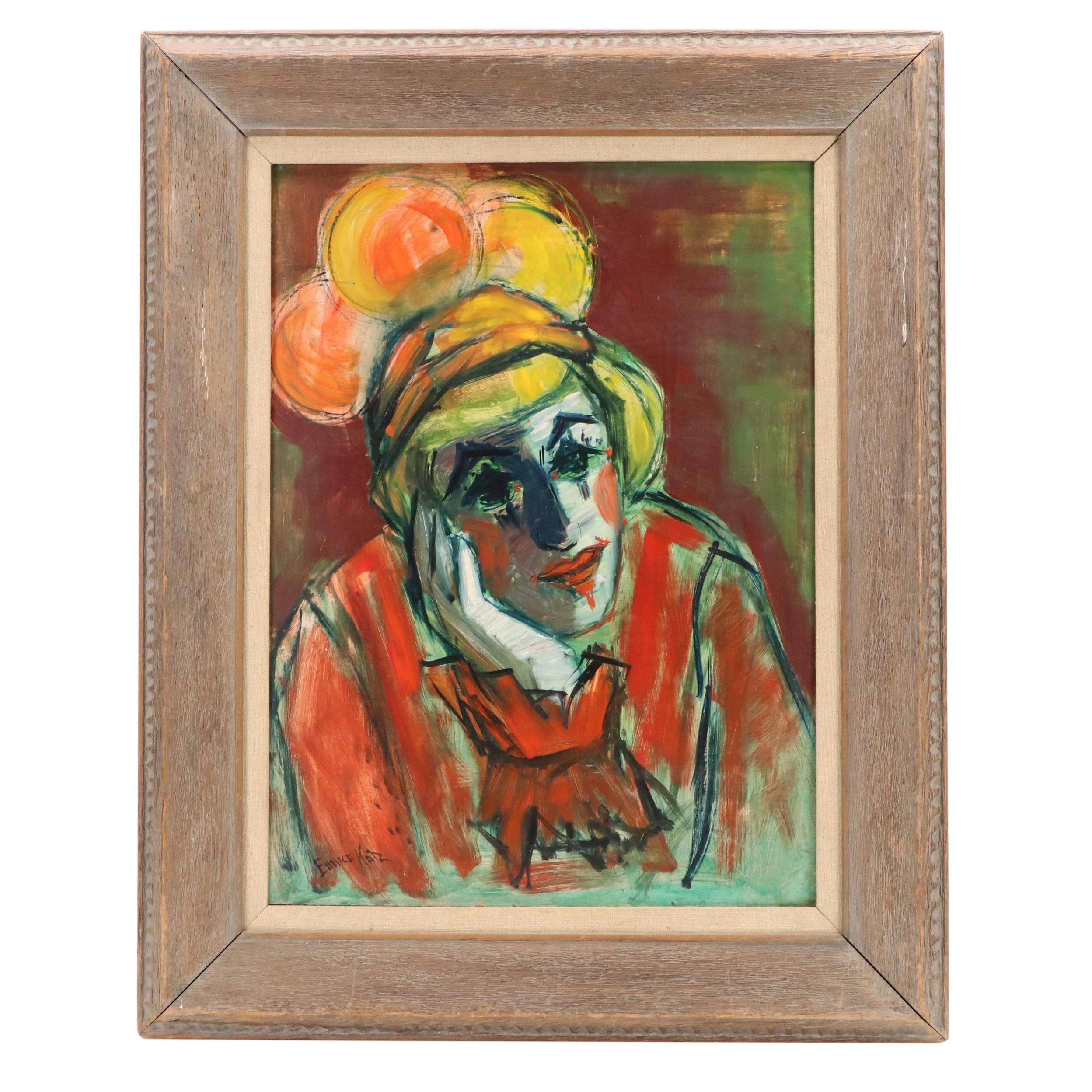 Eunice Katz Modernist Portrait Oil Painting of Clown, Mid to Late 20th Century