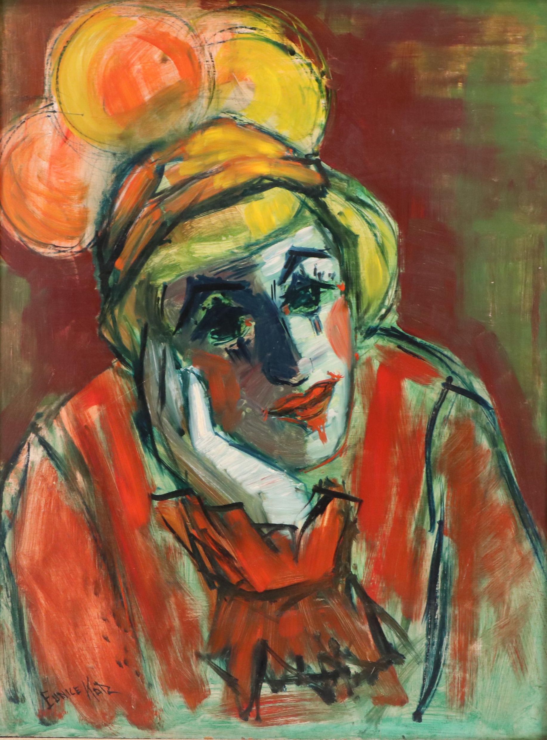 Eunice Katz Modernist Portrait Oil Painting of Clown, Mid to Late 20th Century