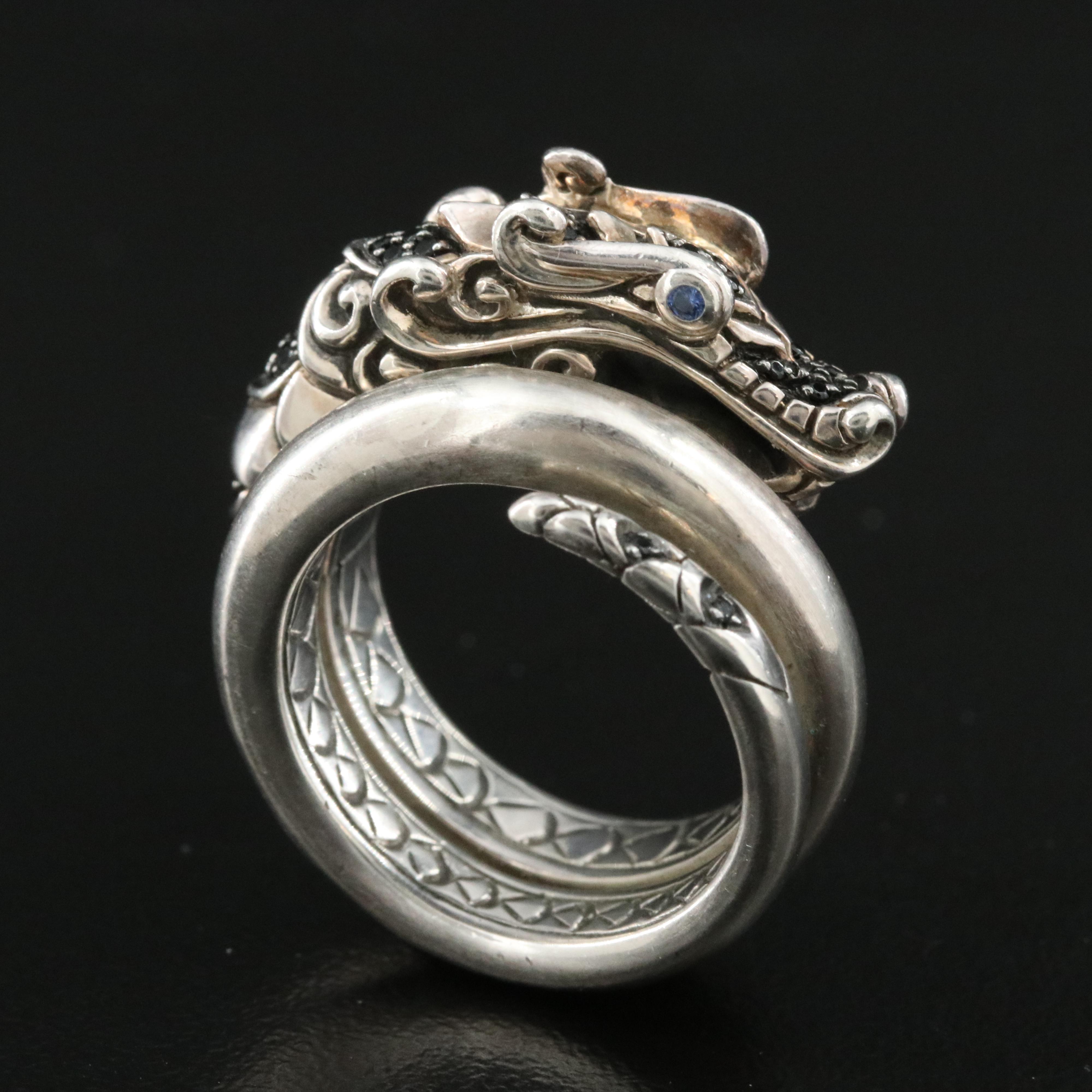 John Hardy Legends Naga Sterling and Black Onyx Wrap Ring