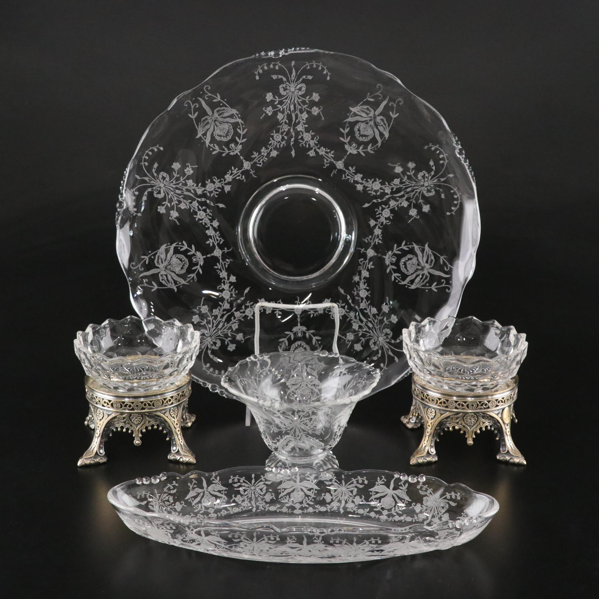 Heisey "Orchid" Serving Pieces and Fostoria "American" Bowls with Other Stands