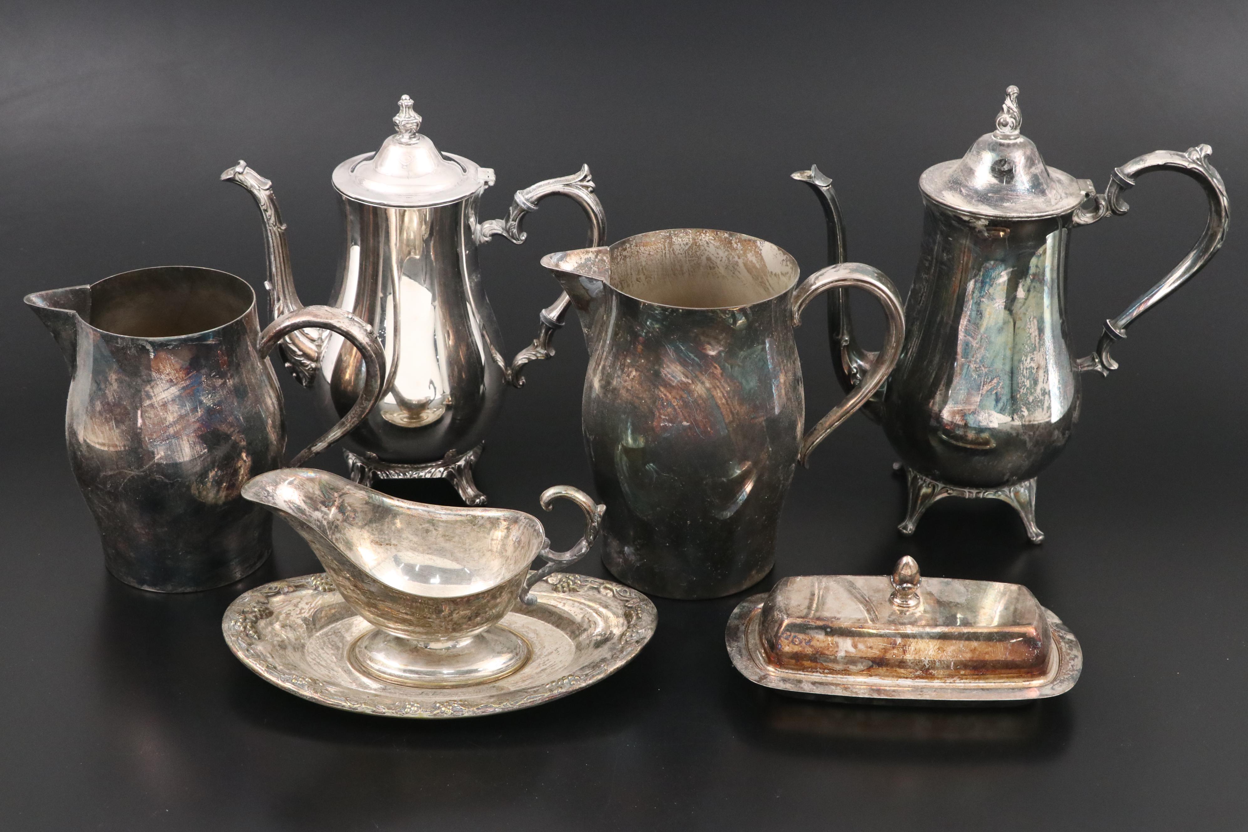 Oneida Silver Plate Pitchers with Other Teapots and Table Accessories