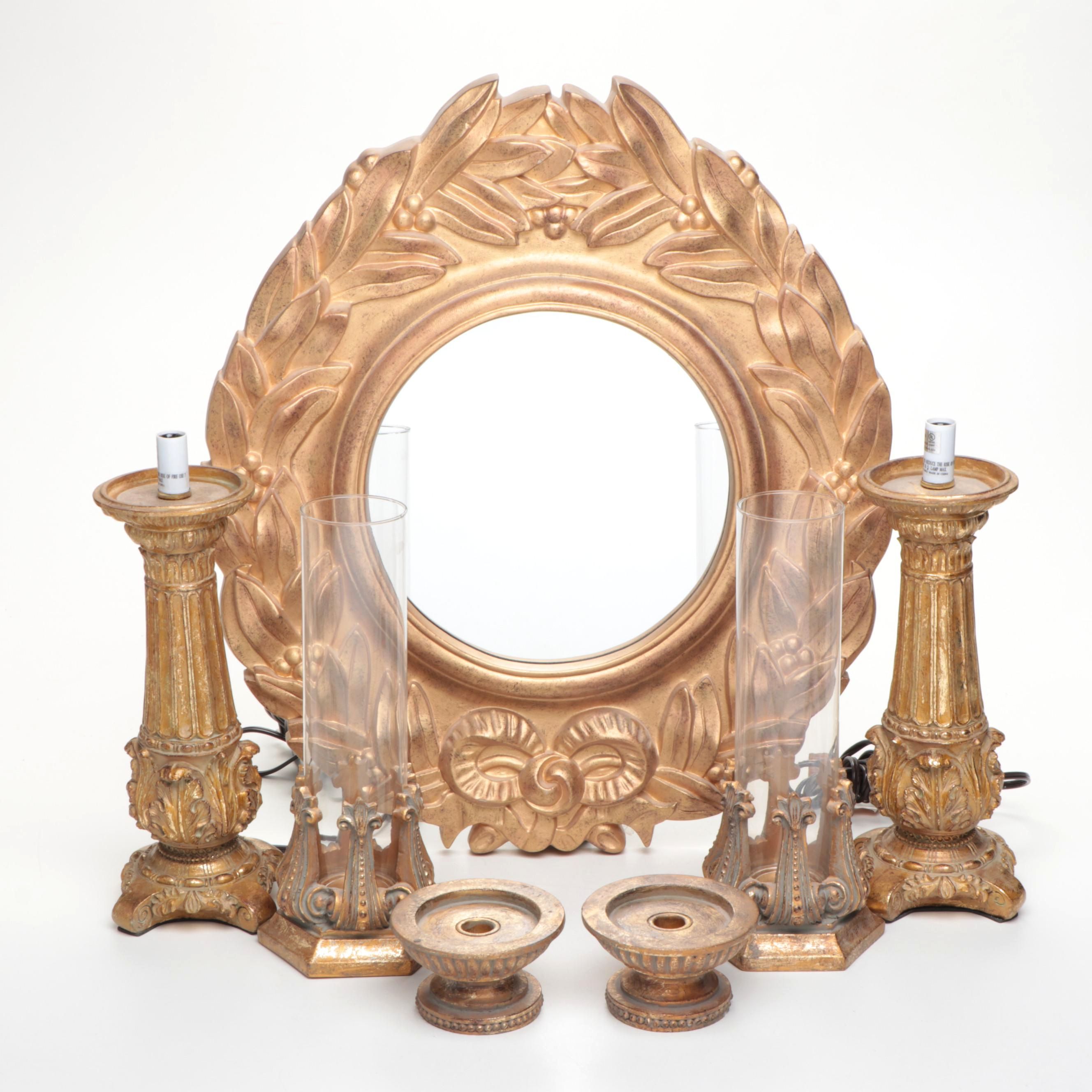 Neoclassical Style Gilt Mirror with Candlesticks and Lamps