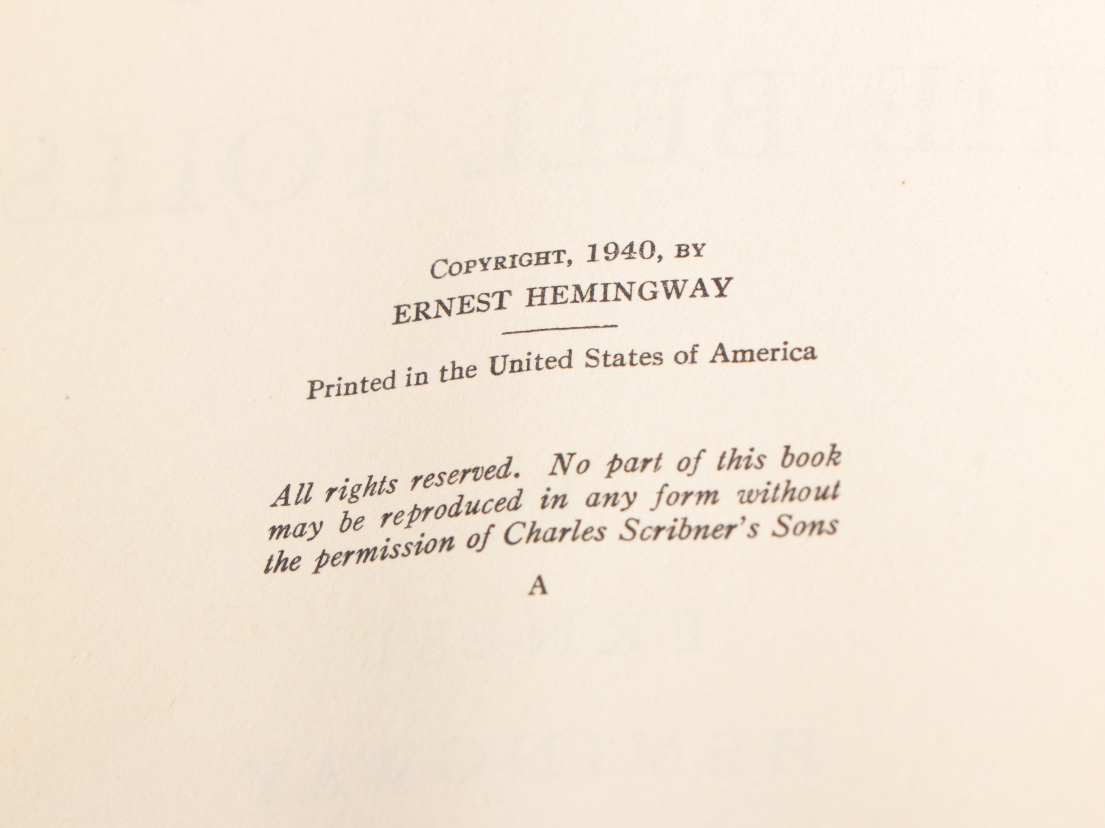 First Printing "For Whom the Bell Tolls" by Ernest Hemingway, 1940