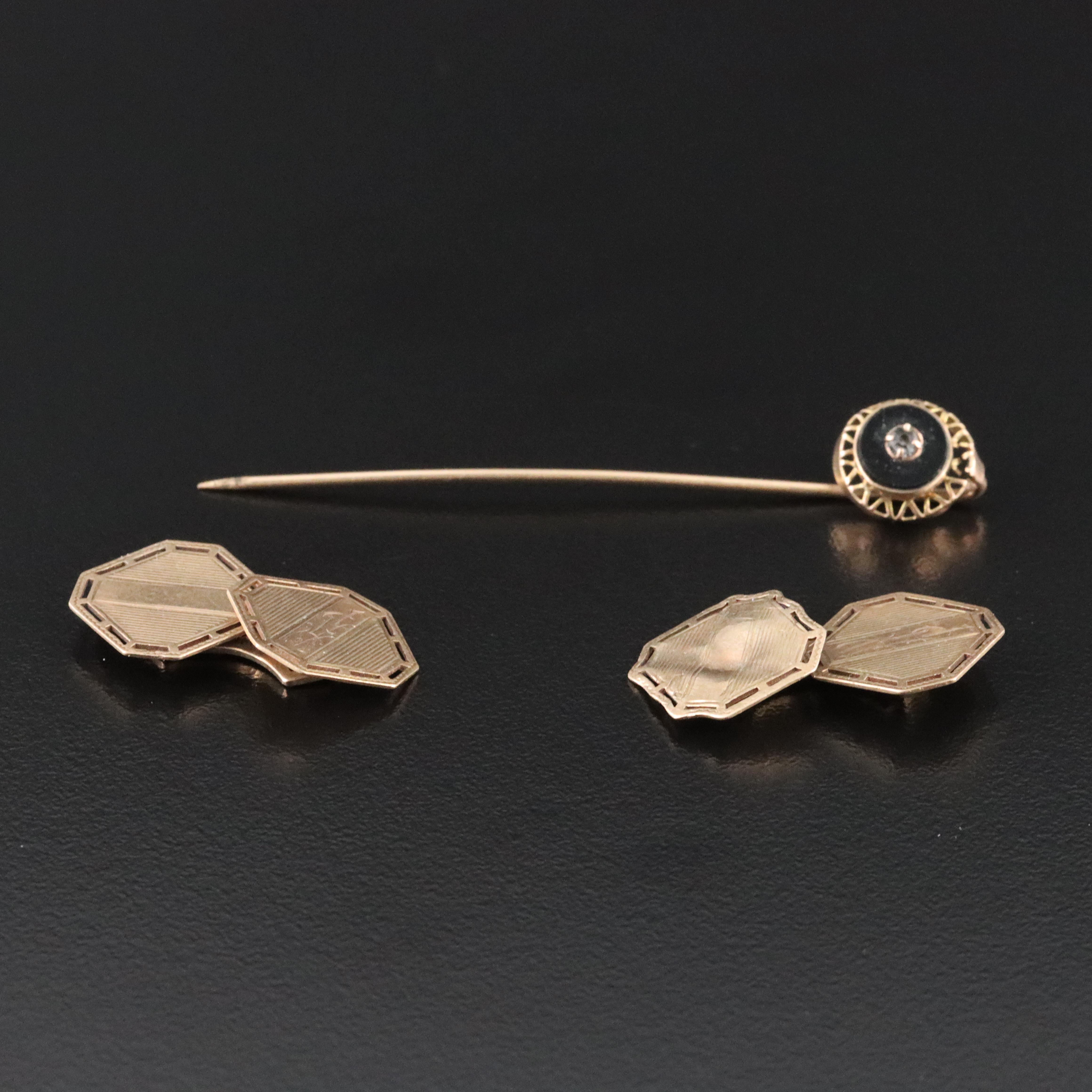 Scrap Vintage 10K Stick Pin and Cufflinks with Obsidian and Glass