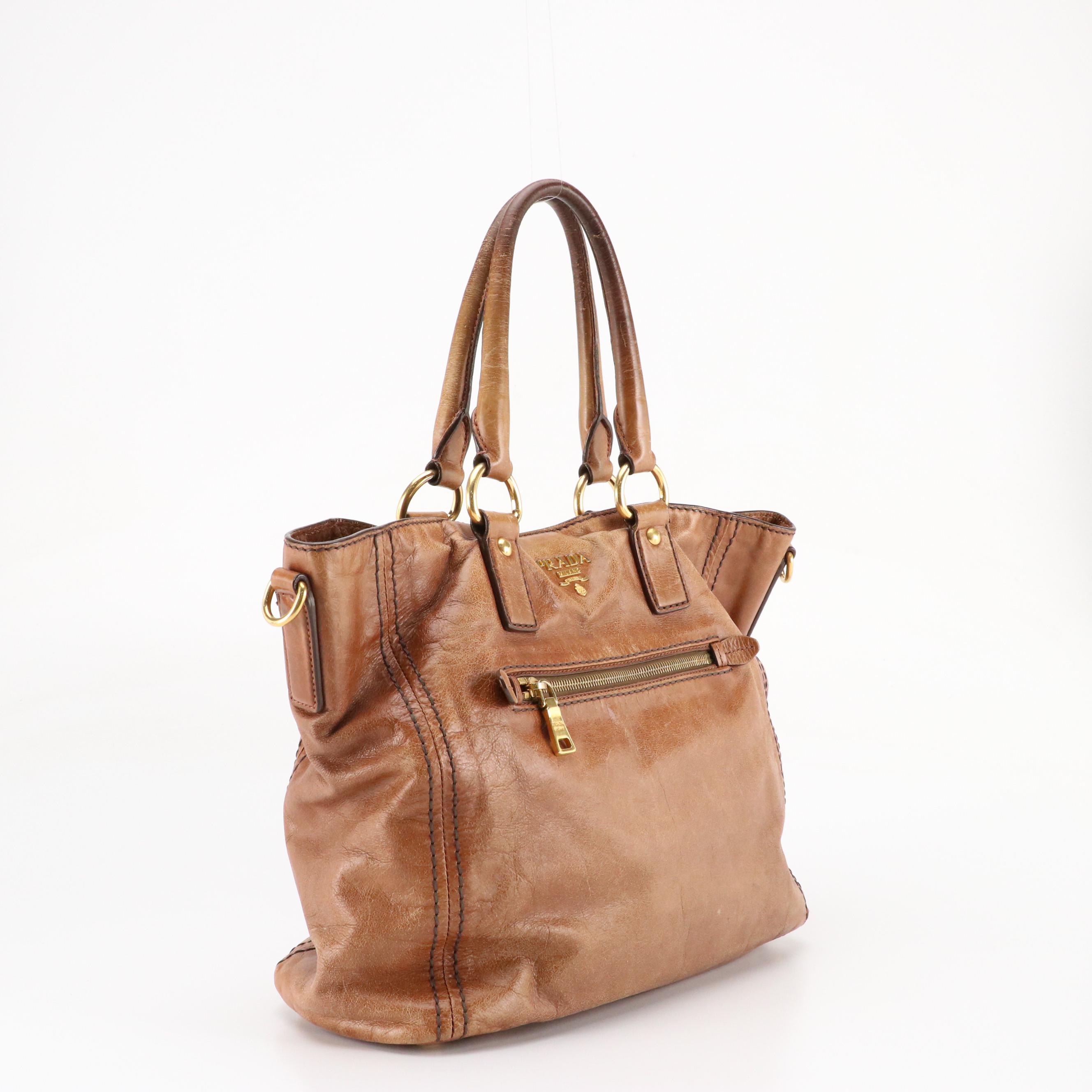 Prada Distressed Brown Leather Two-Way Tote