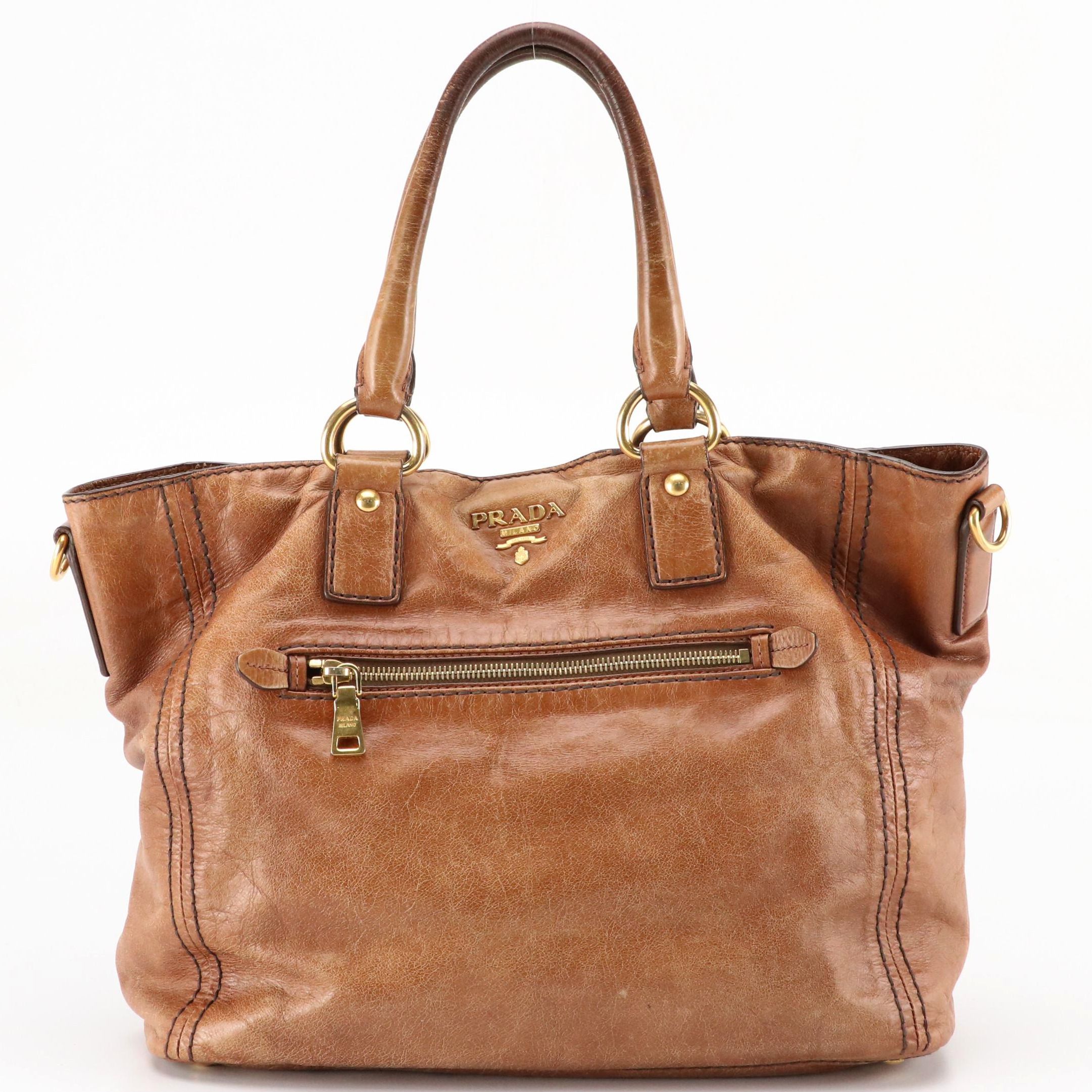 Prada Distressed Brown Leather Two-Way Tote