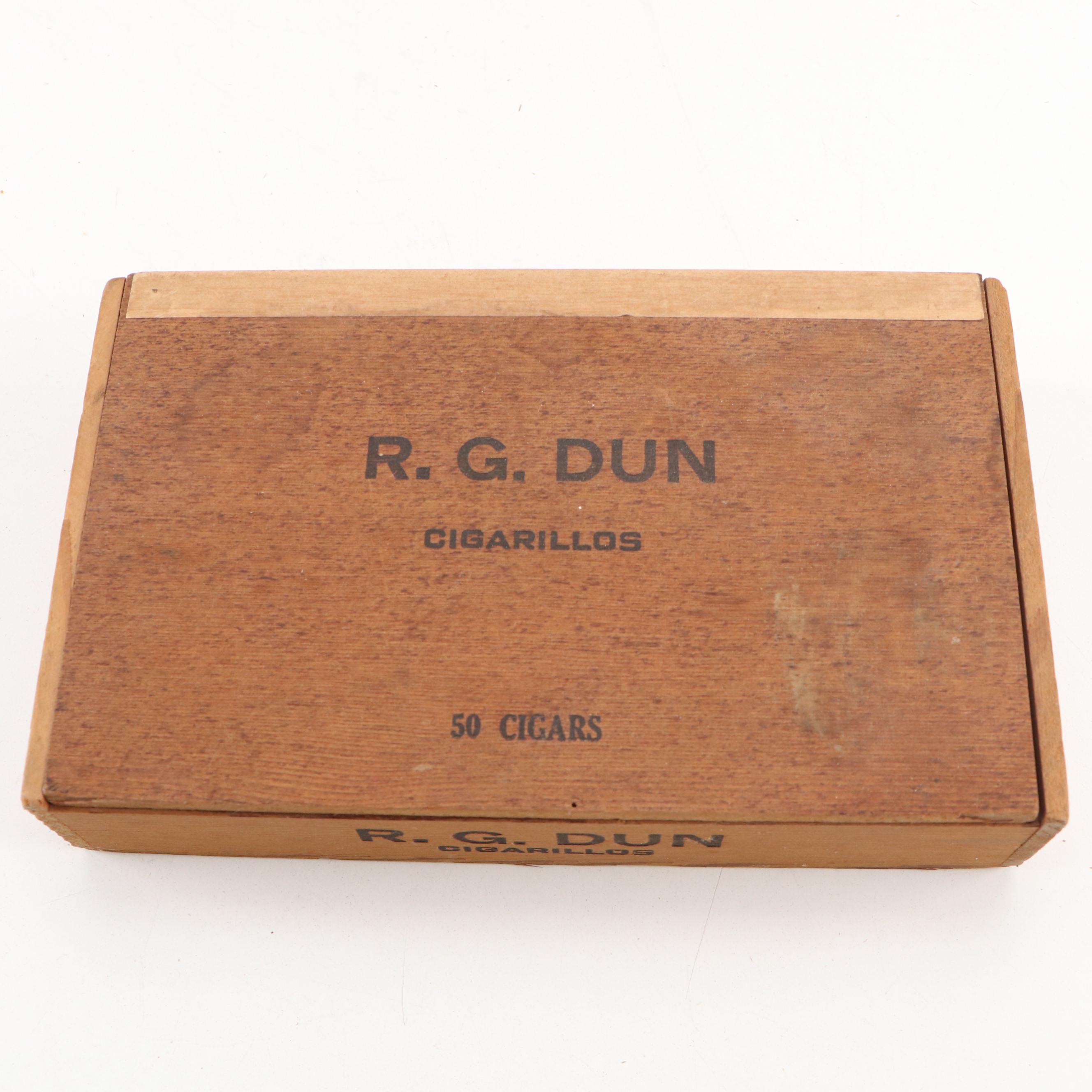 Pair of Schweppes and Coca Cola Crates with R.G. Dun Cigar Box and Clothespins