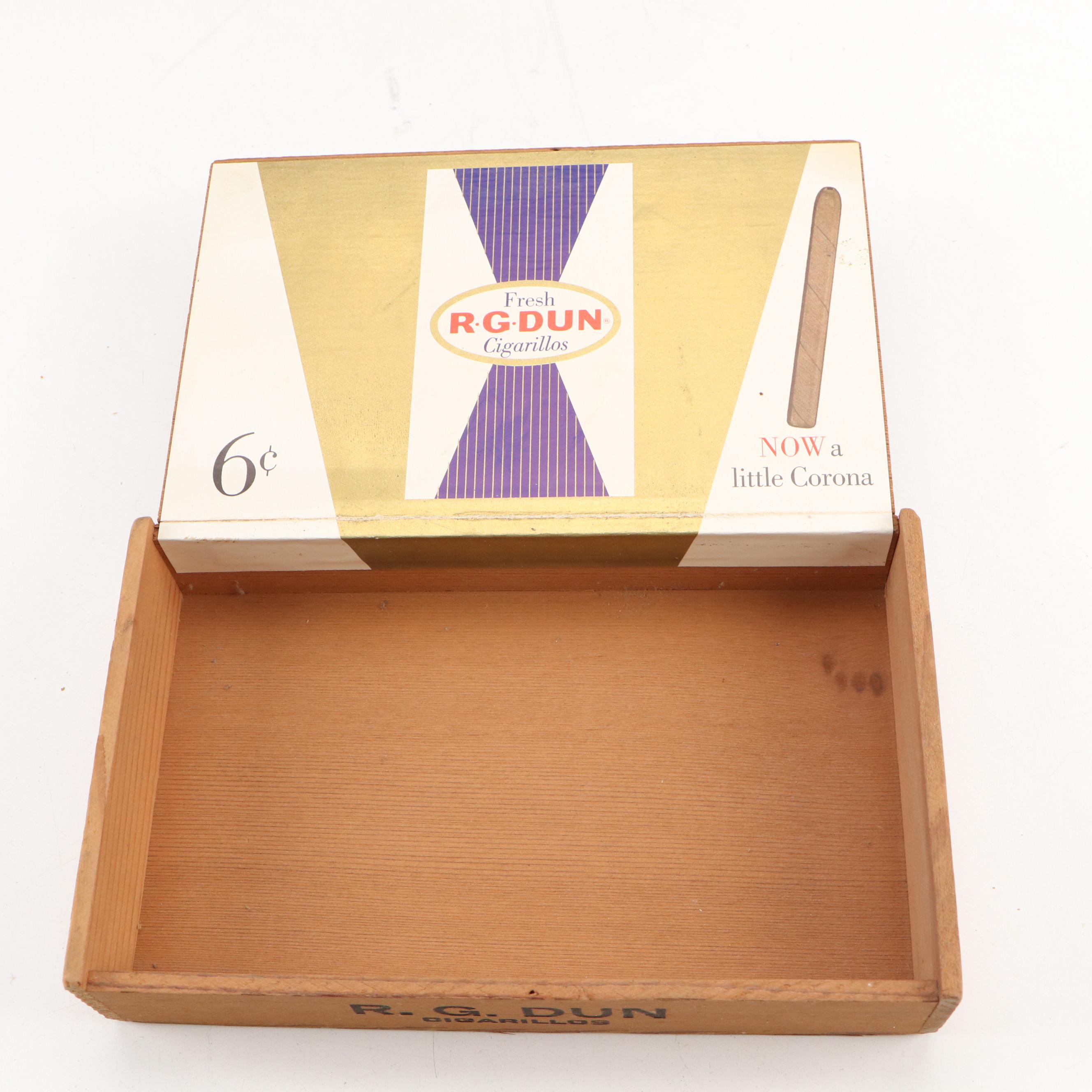 Pair of Schweppes and Coca Cola Crates with R.G. Dun Cigar Box and Clothespins