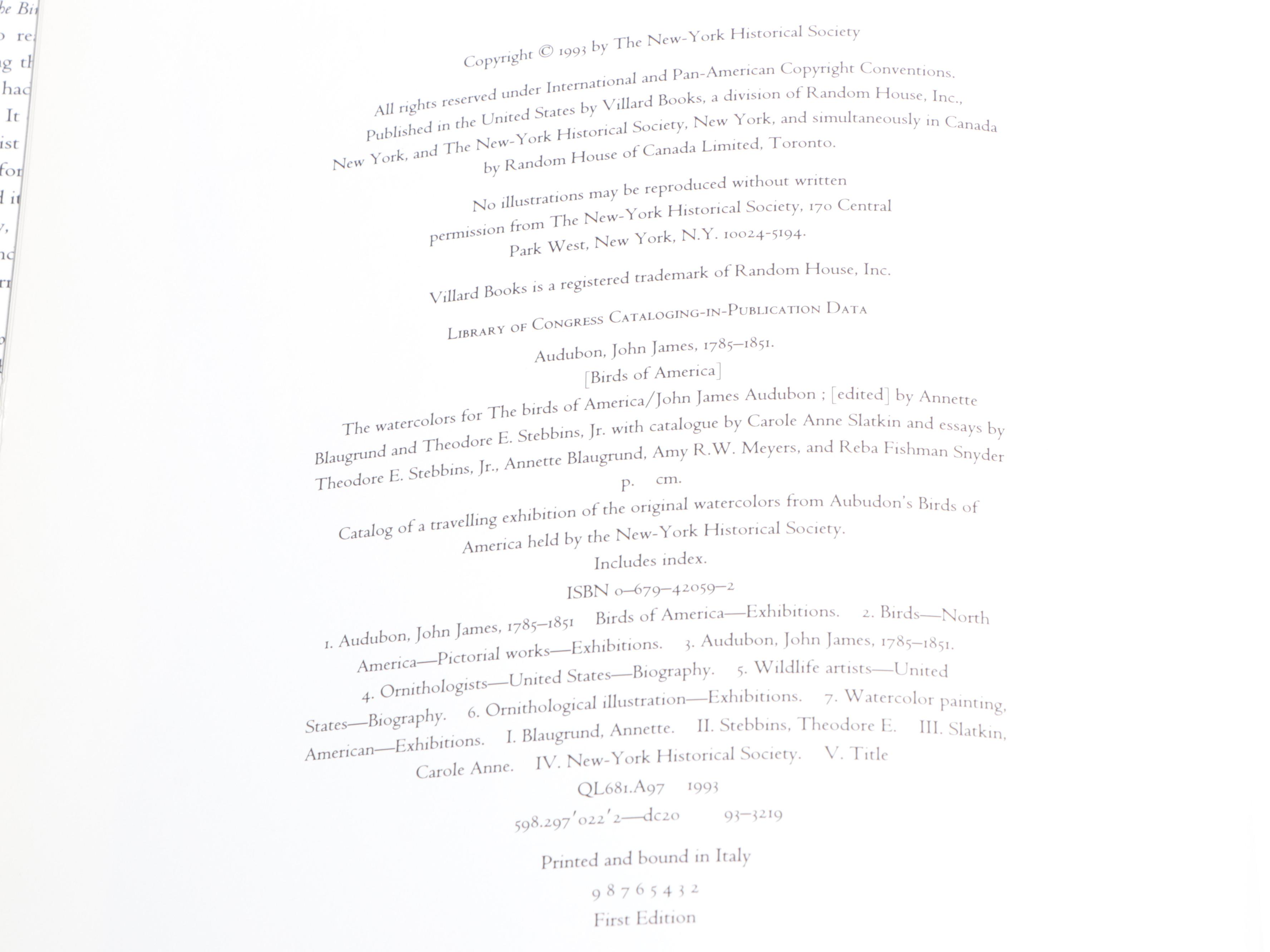 First Printing "John James Audubon: The Watercolors for The Birds of America"