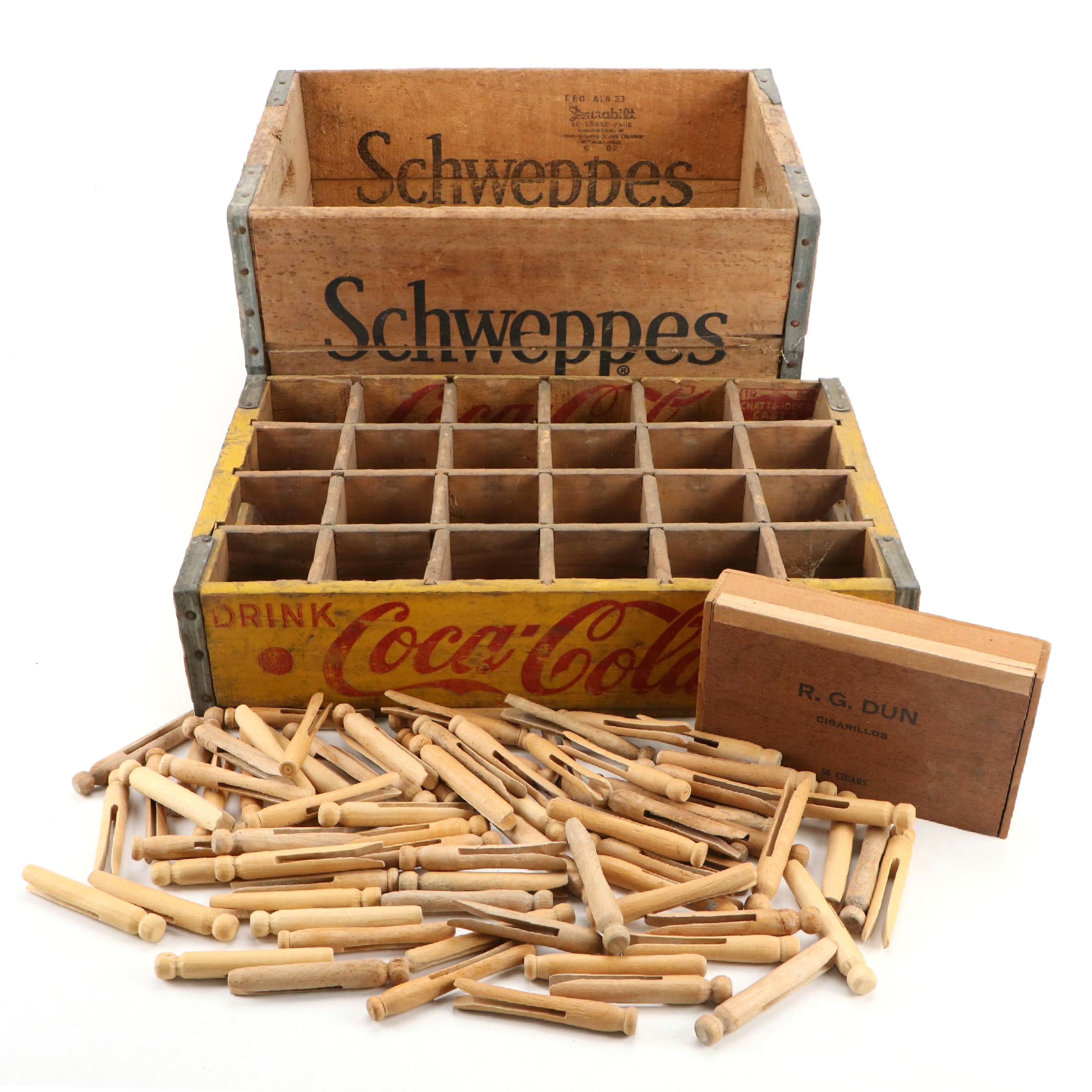 Pair of Schweppes and Coca Cola Crates with R.G. Dun Cigar Box and Clothespins