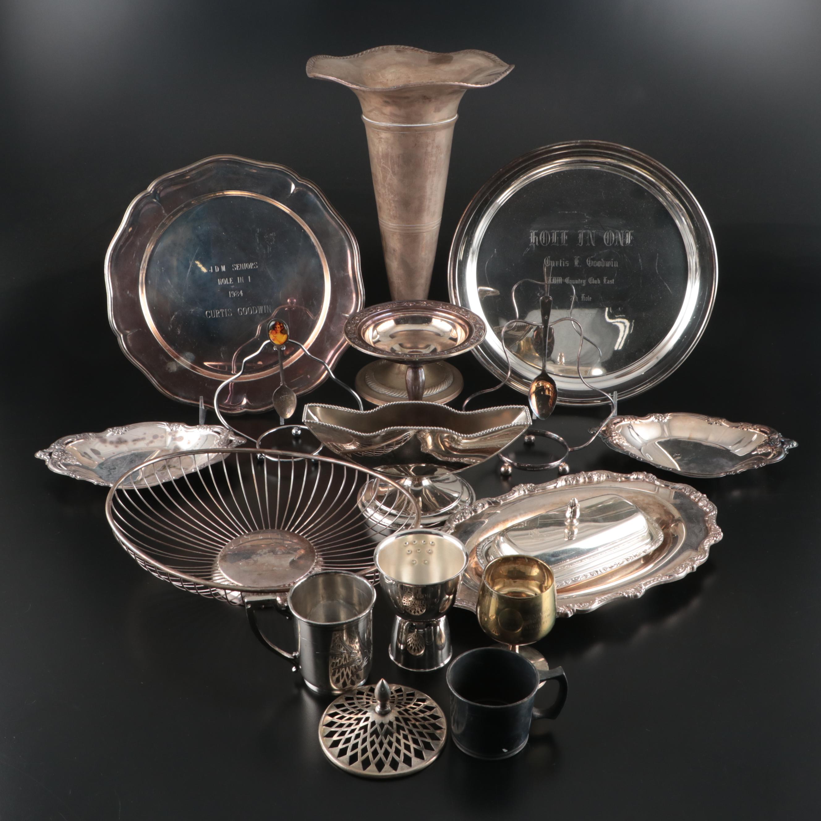 Trumpet Vase with Other Silver Plate Serving Pieces, 20th Century