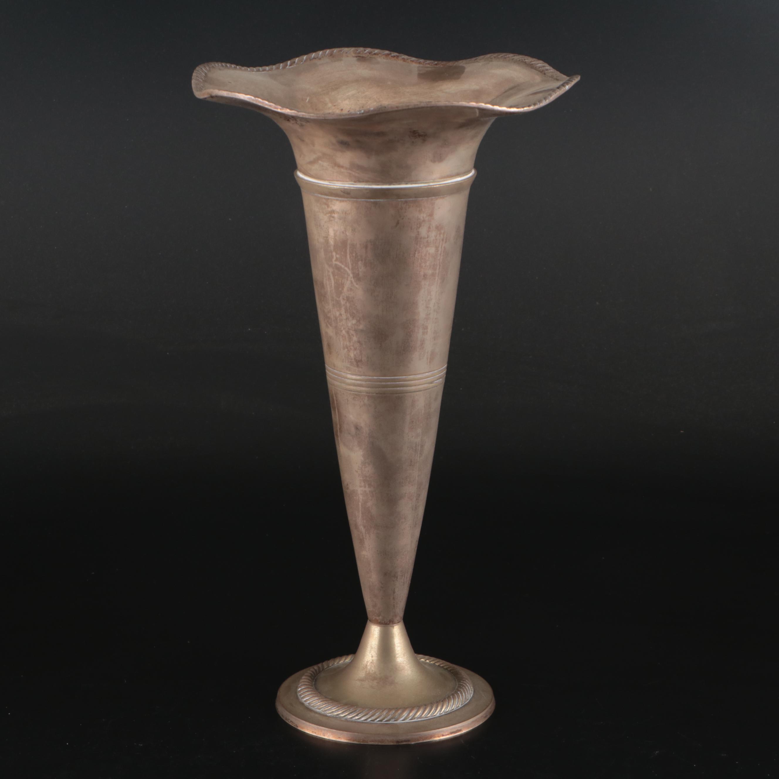 Trumpet Vase with Other Silver Plate Serving Pieces, 20th Century