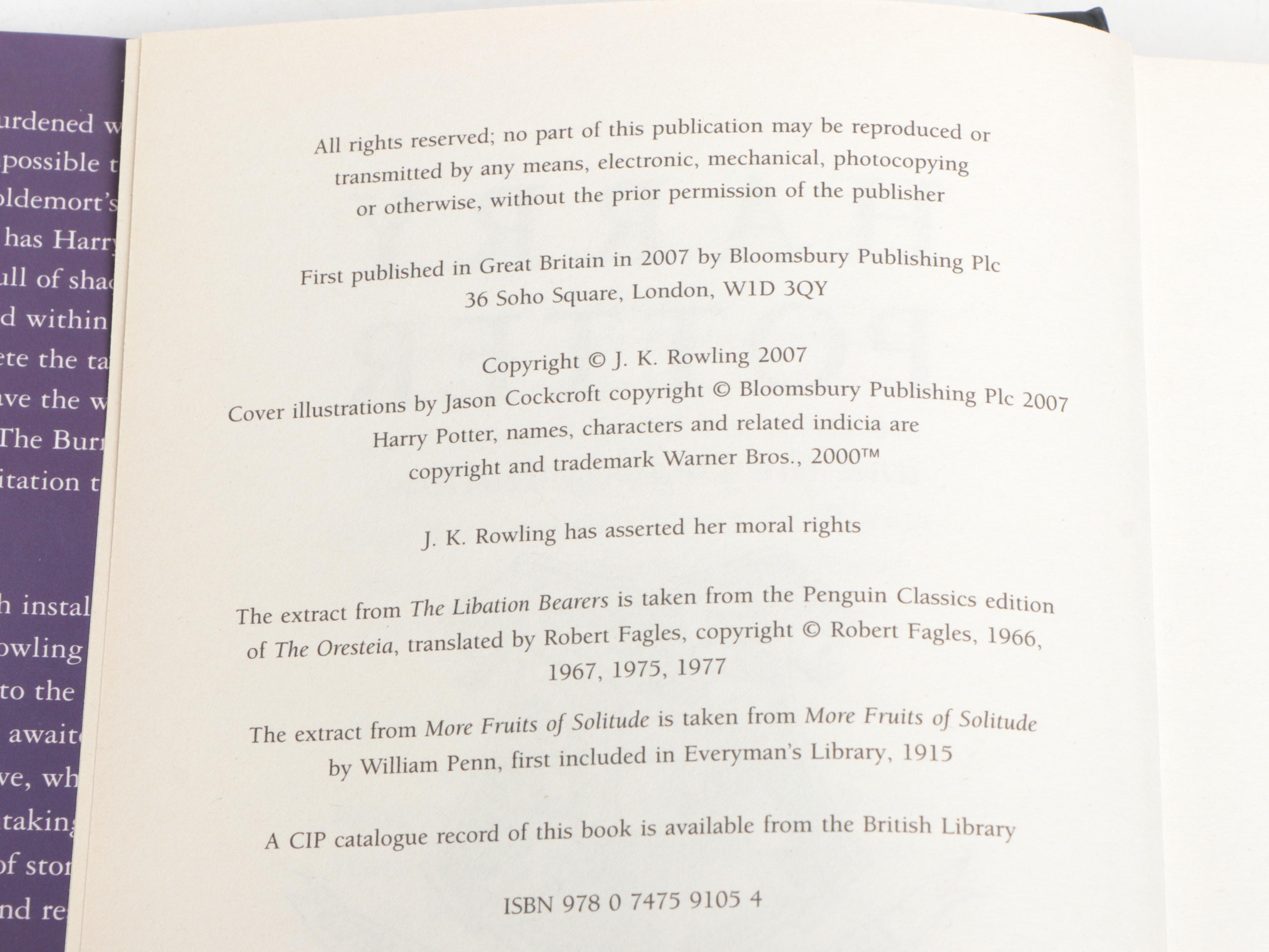 First UK Edition "Harry Potter and the Deathly Hallows" by J. K. Rowling