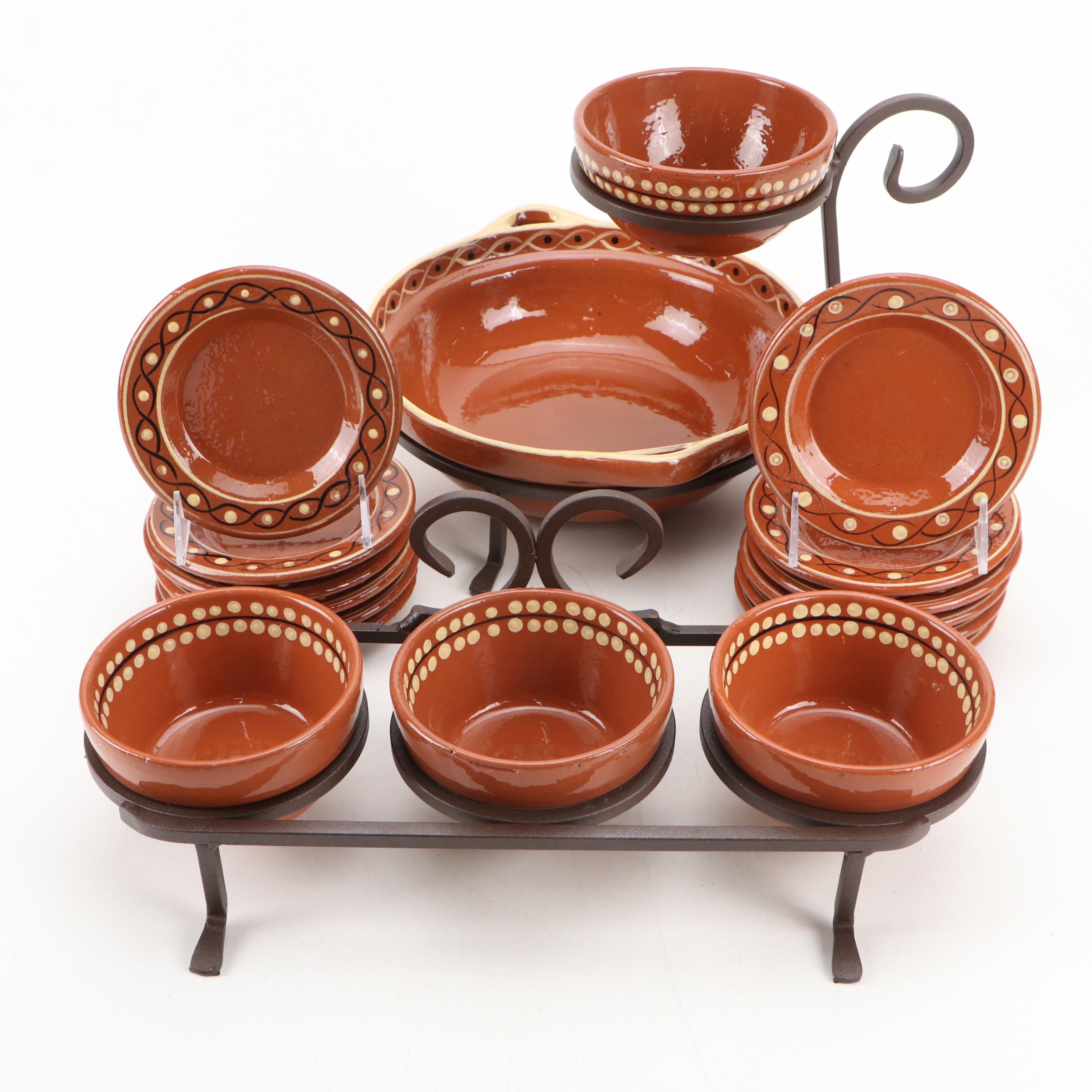 Pottery Barn Portuguese Terracotta Tableware and Serving Pieces with Iron Stands