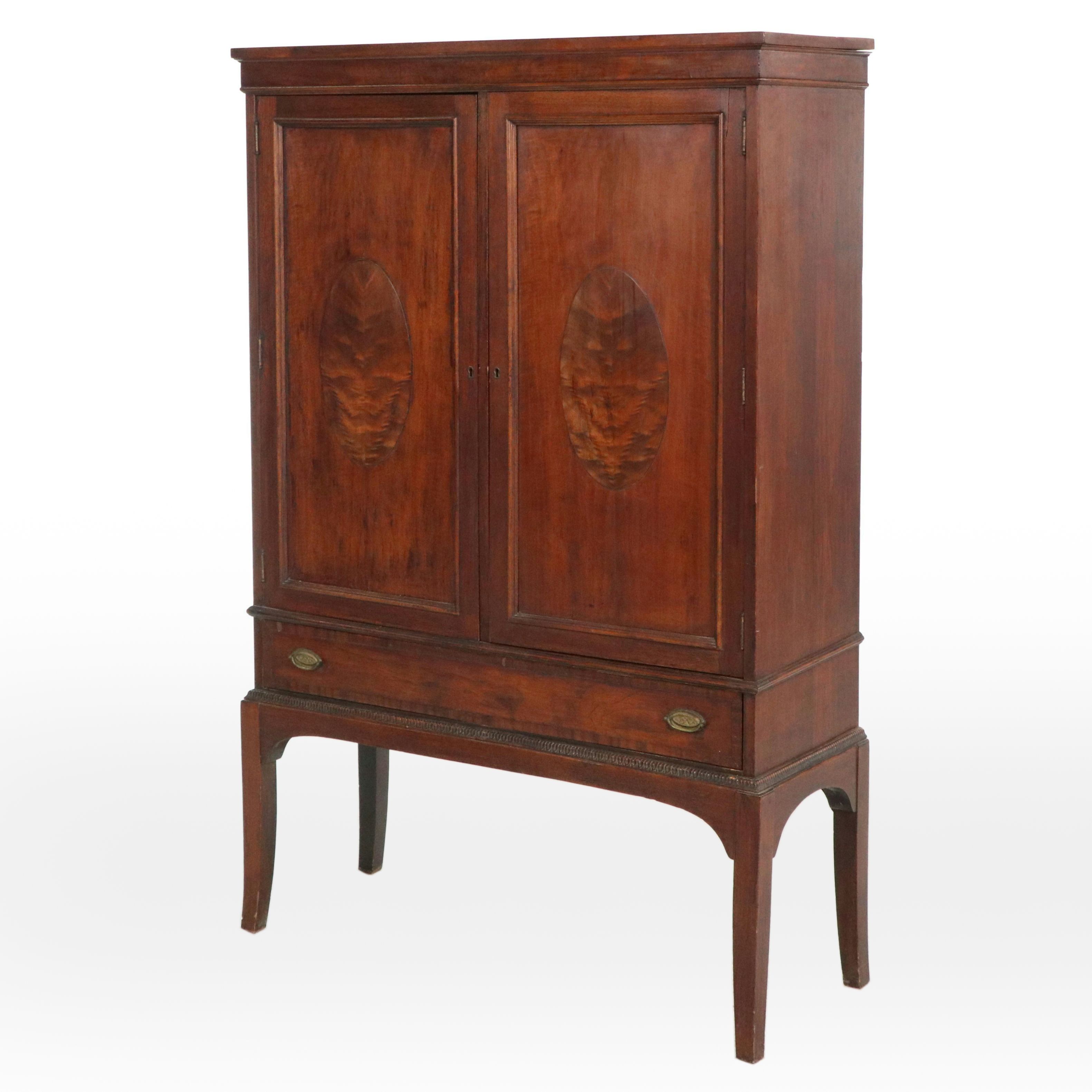 Hepplewhite Style Mahogany With Flame Accent Wood Cabinet, Early 20th Century