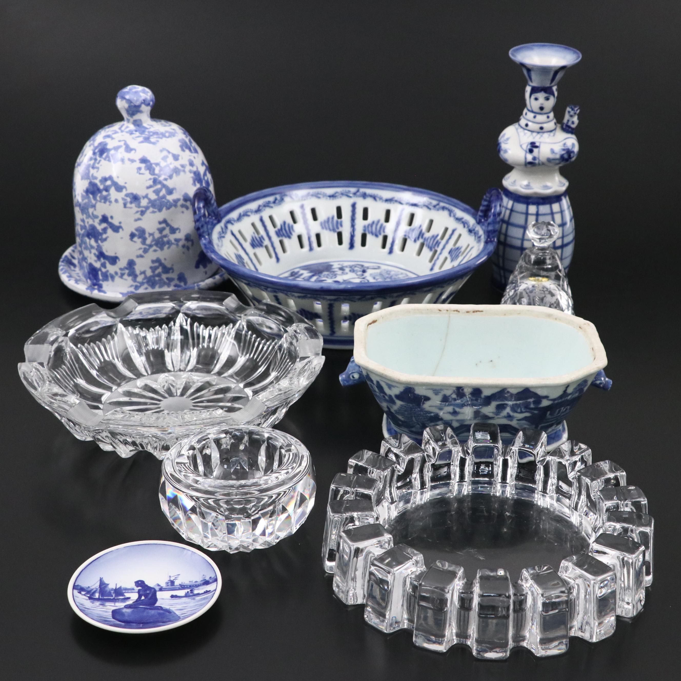 Waterford Crystal Bell and Ashtray with Blue and White Ceramic Home Décor