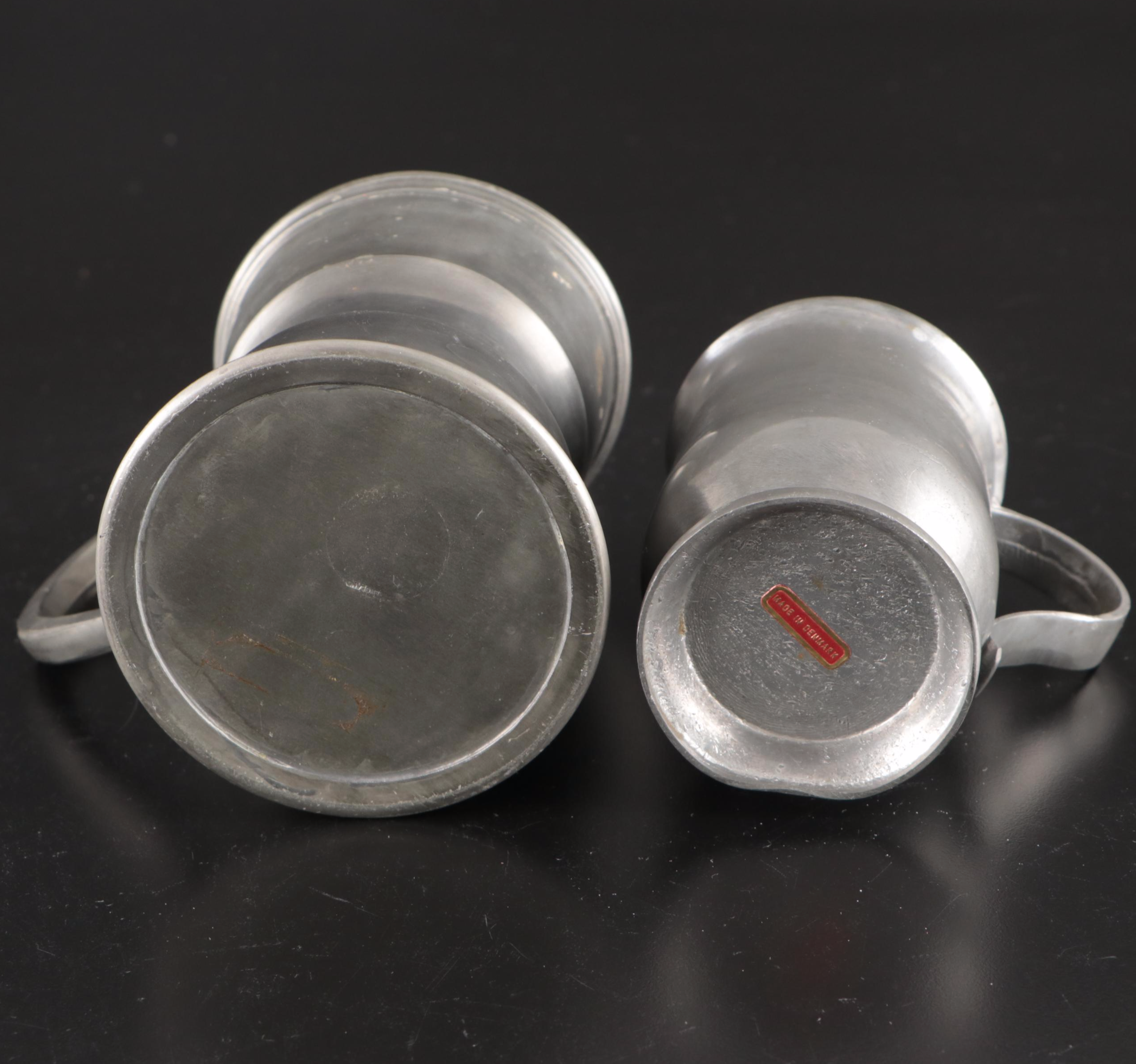 Regal Silver Puss n Boots Silver Plate Spoon with Pewter Beer Mugs and Porringer