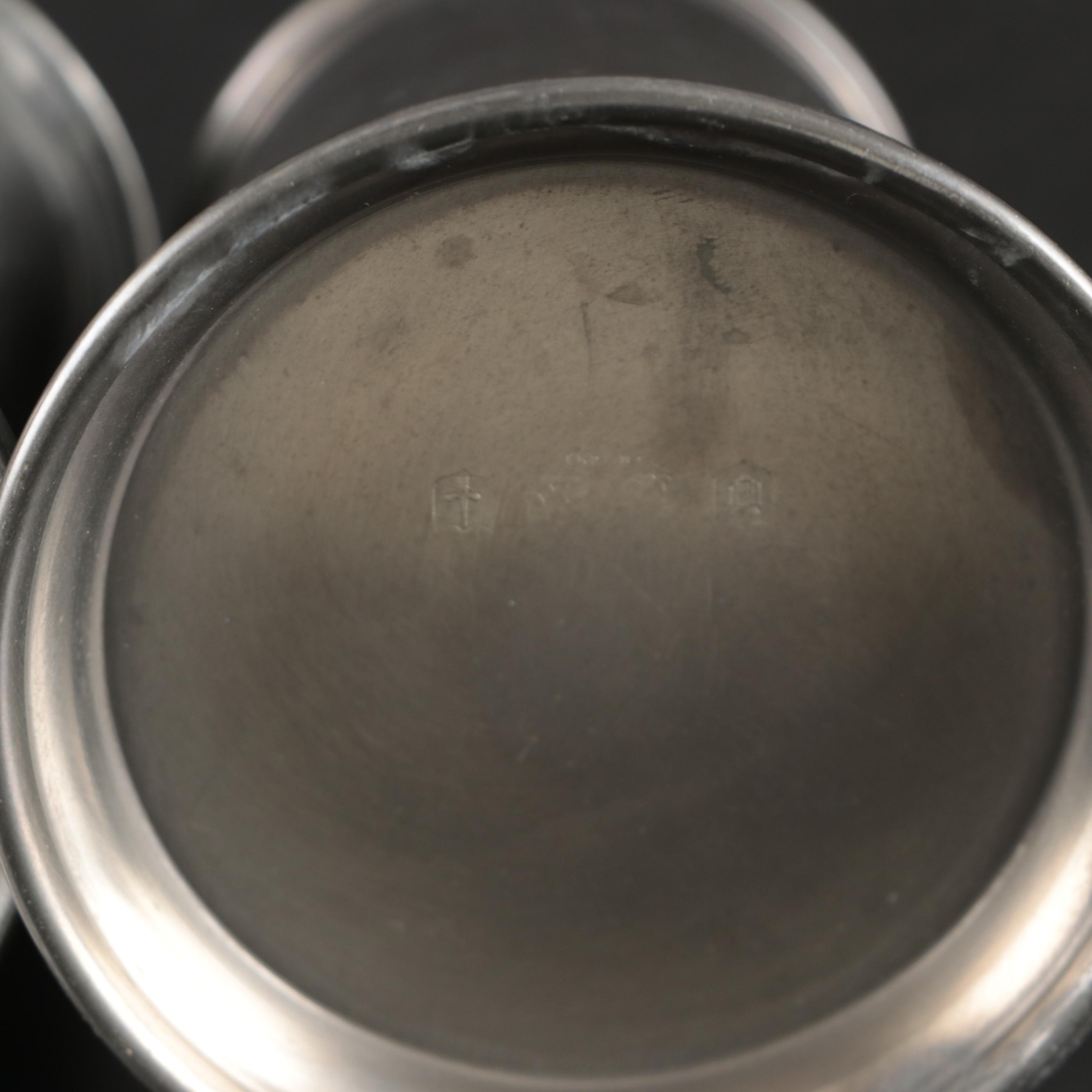 Regal Silver Puss n Boots Silver Plate Spoon with Pewter Beer Mugs and Porringer