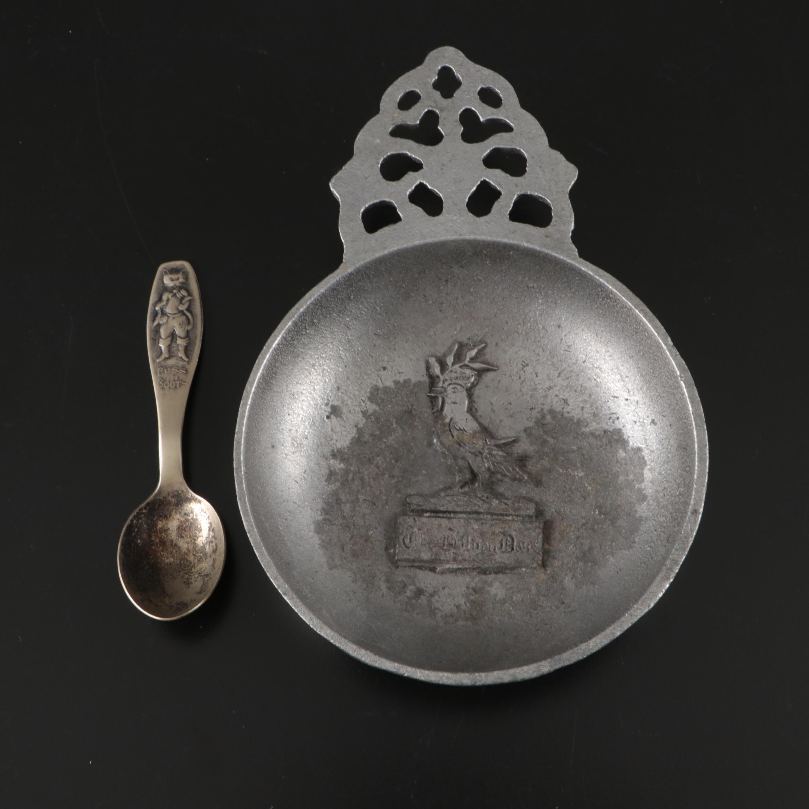 Regal Silver Puss n Boots Silver Plate Spoon with Pewter Beer Mugs and Porringer