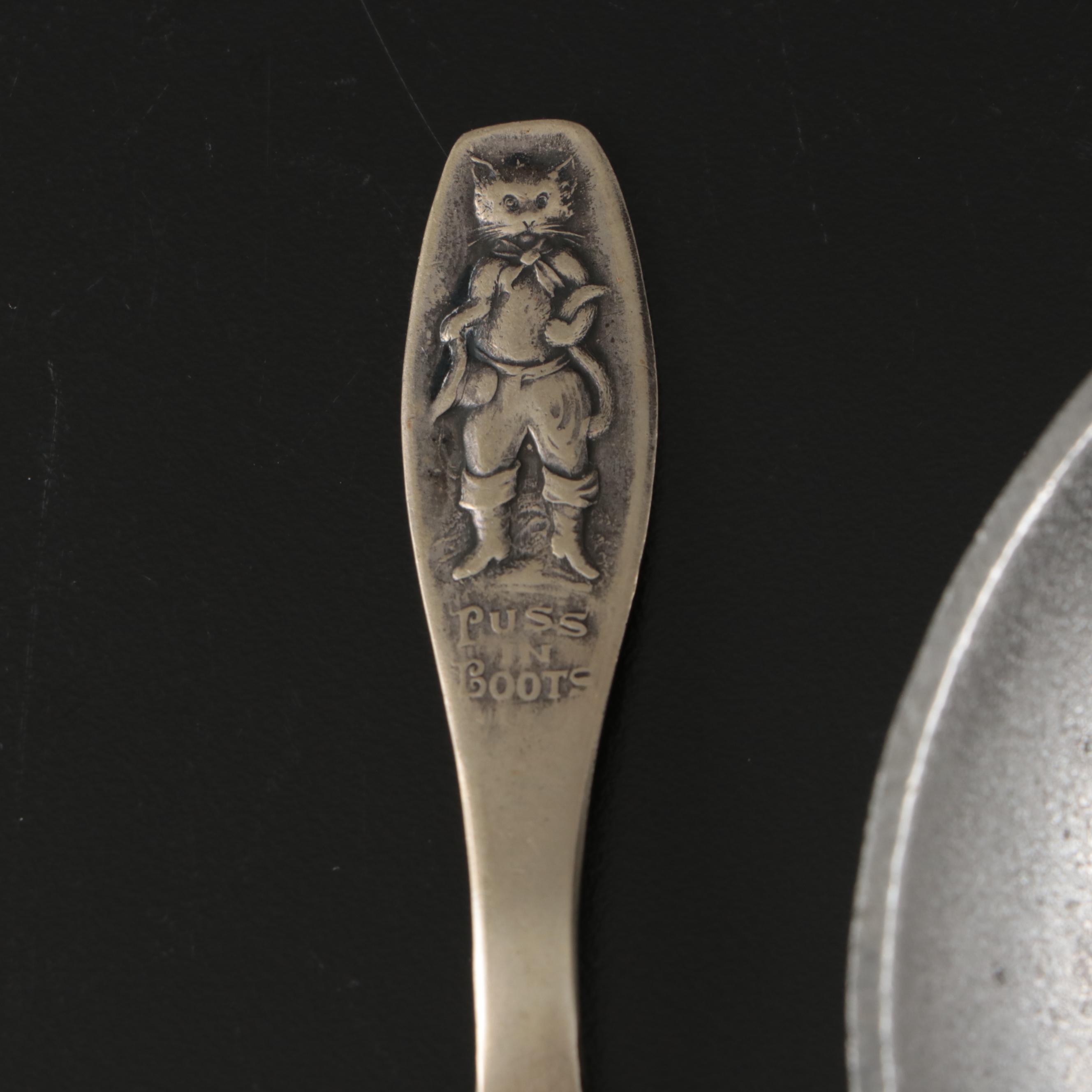 Regal Silver Puss n Boots Silver Plate Spoon with Pewter Beer Mugs and Porringer