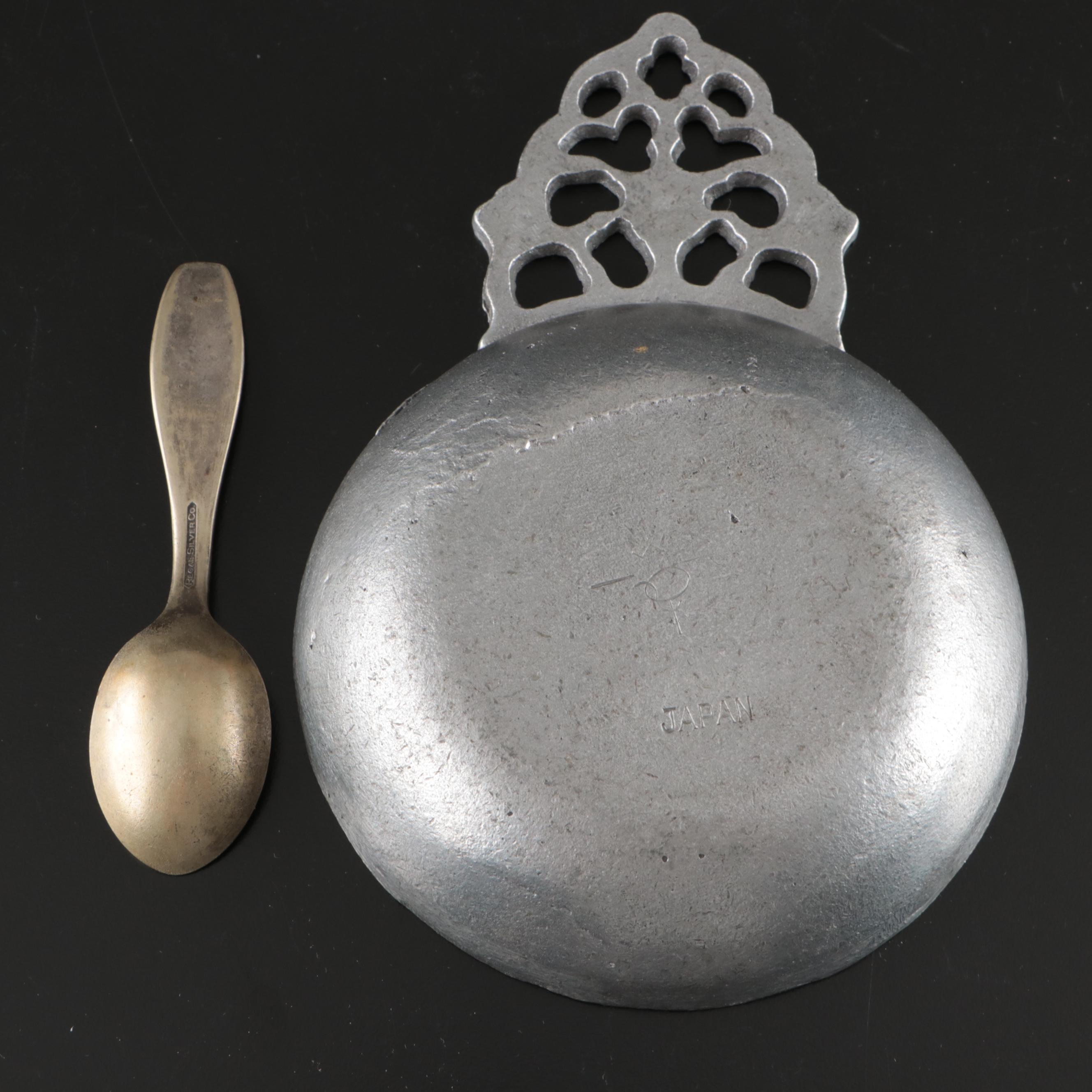 Regal Silver Puss n Boots Silver Plate Spoon with Pewter Beer Mugs and Porringer