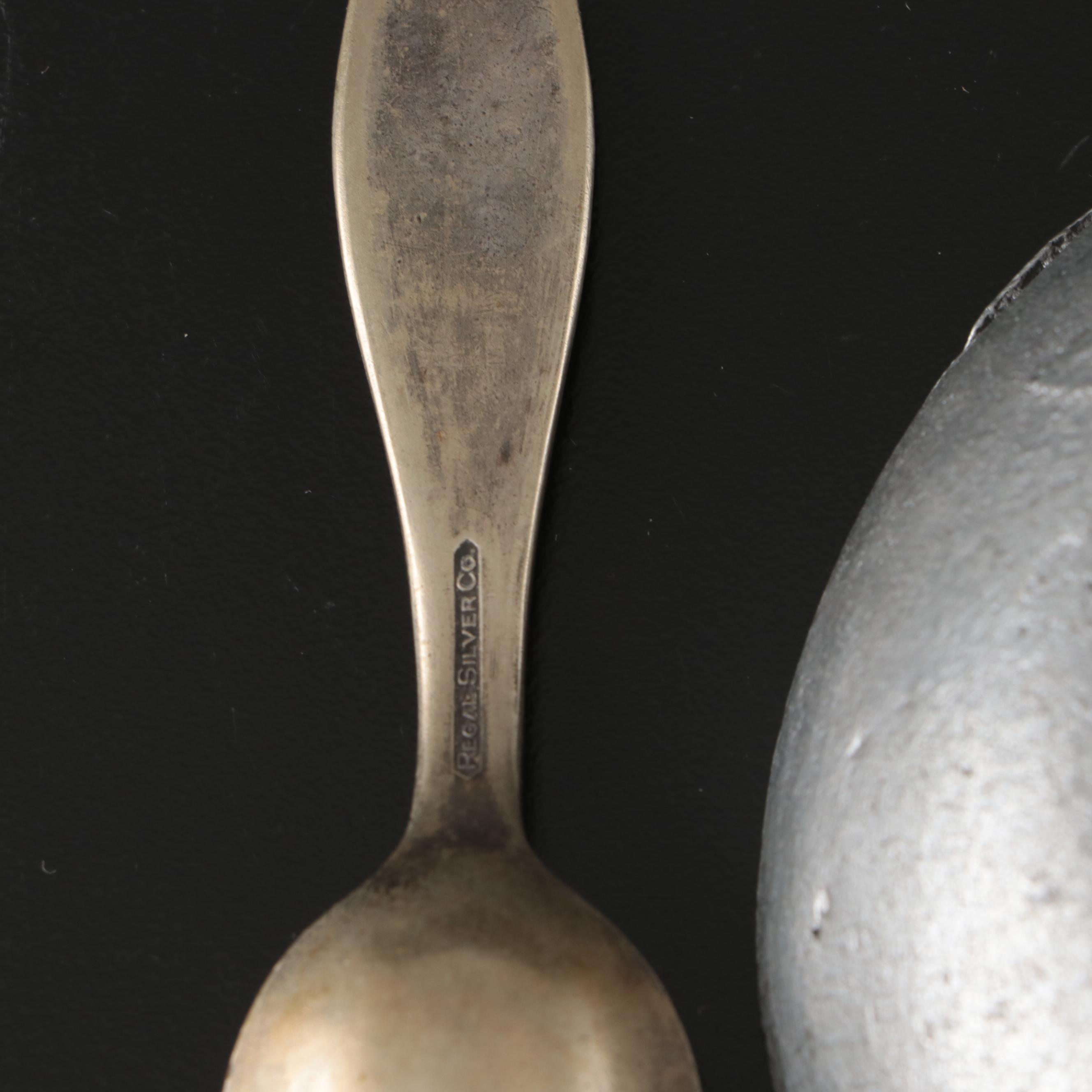 Regal Silver Puss n Boots Silver Plate Spoon with Pewter Beer Mugs and Porringer