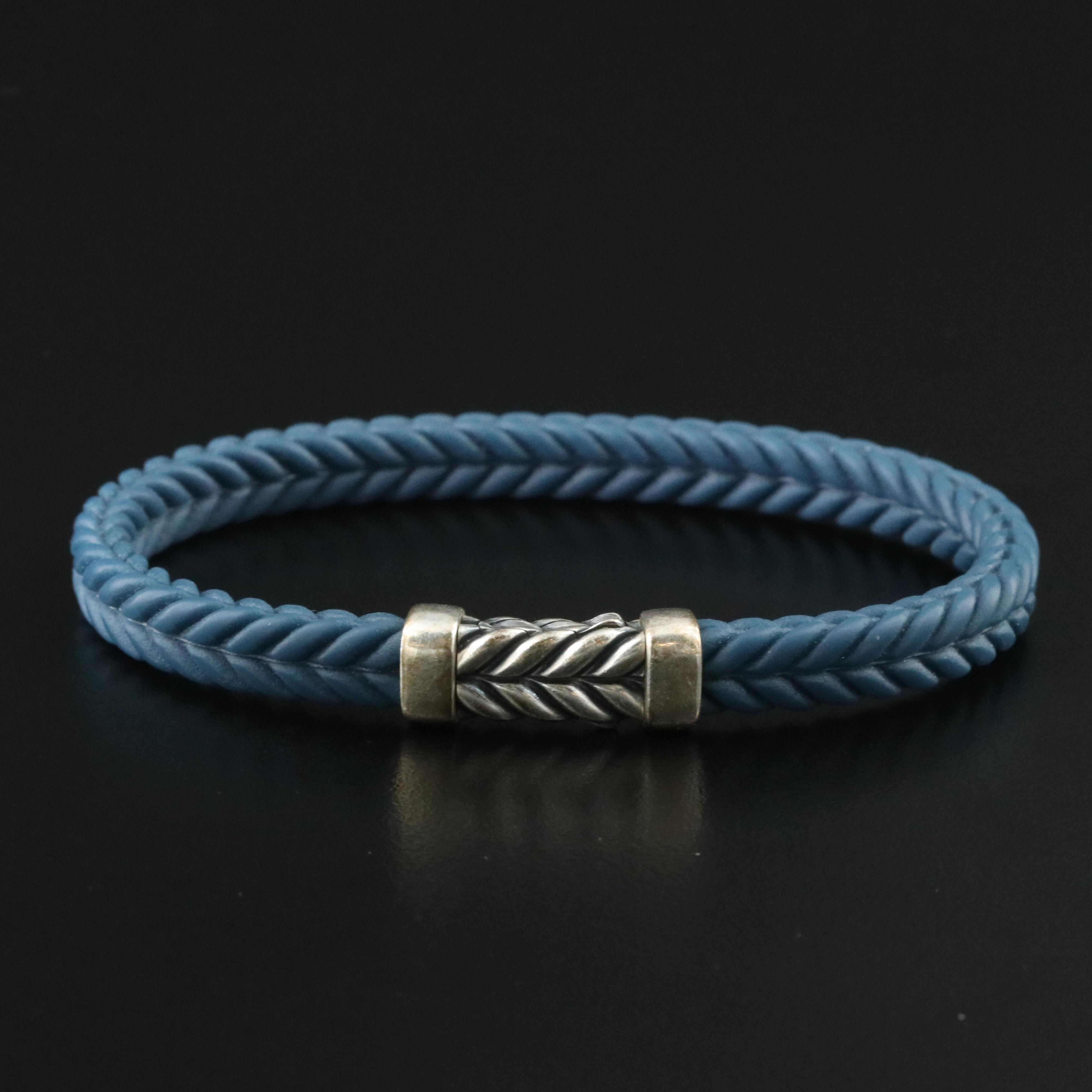 David Yurman Chevron Blue Rubber Bracelet with Sterling Clasp