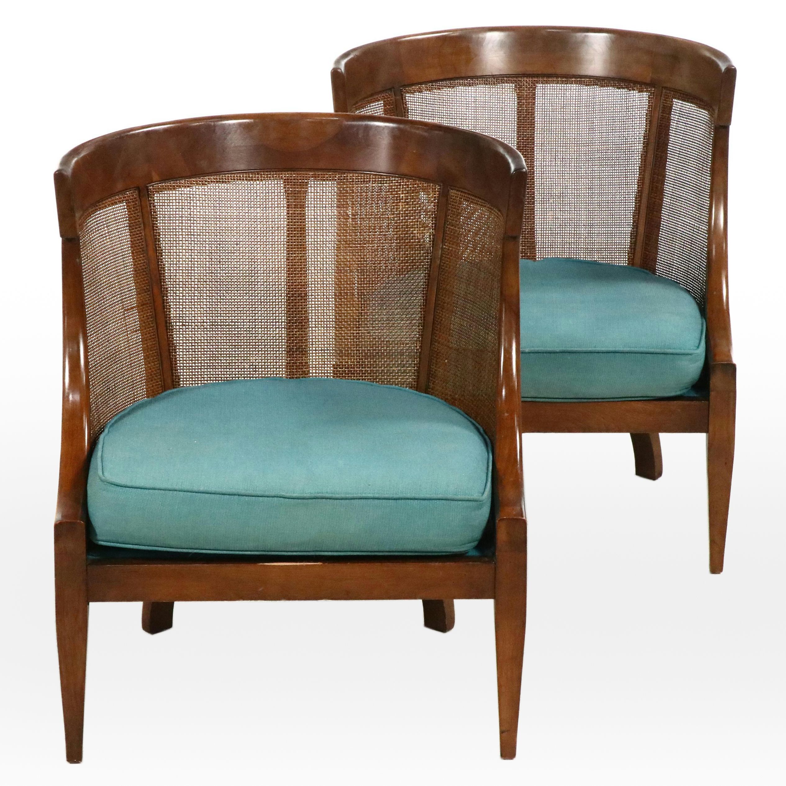 Pair of Classical Style Caned Walnut Barrel Back Chairs, Mid to Late 20th C.