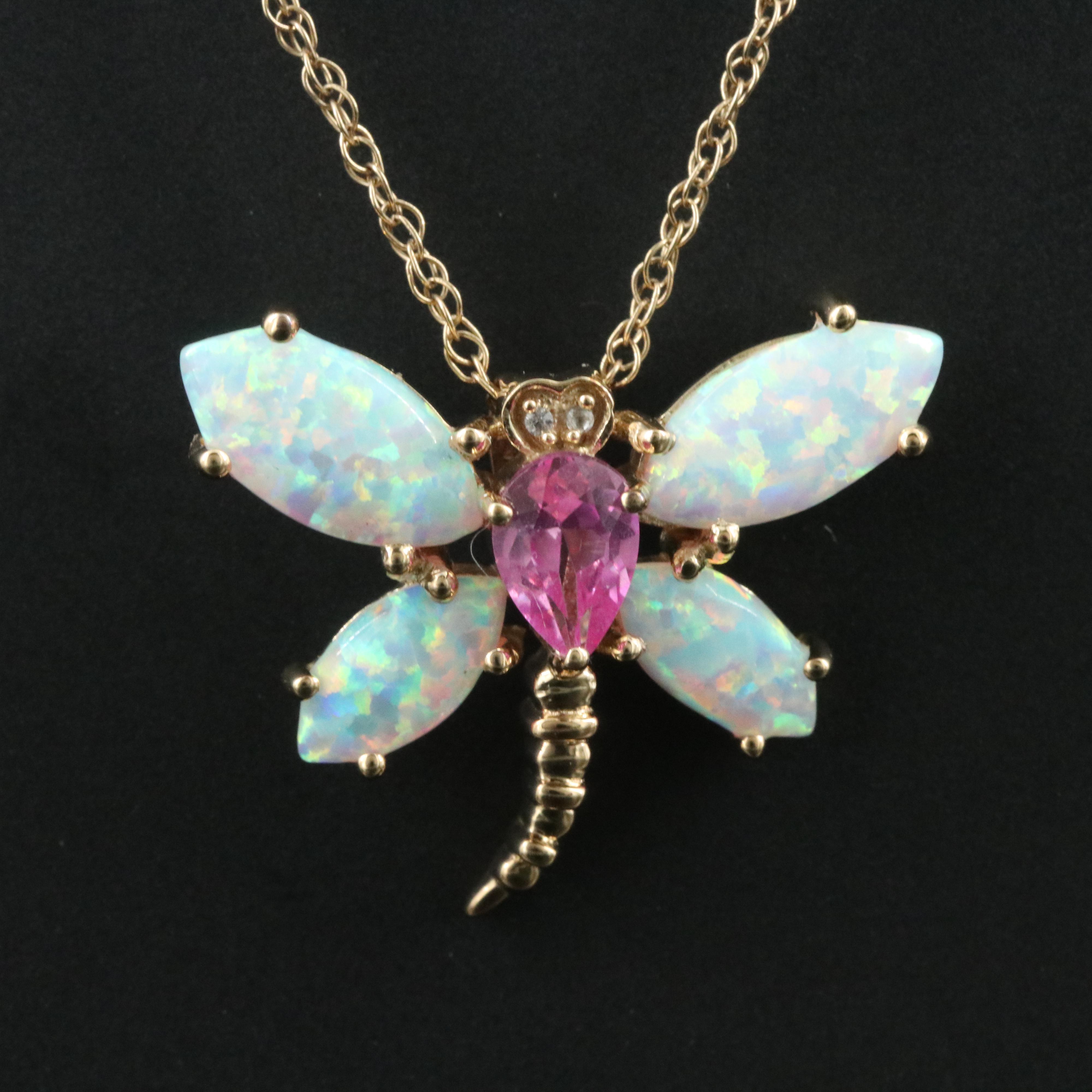 Sterling Opal, Pink and White Sapphire Dragonfly Pendant Necklace