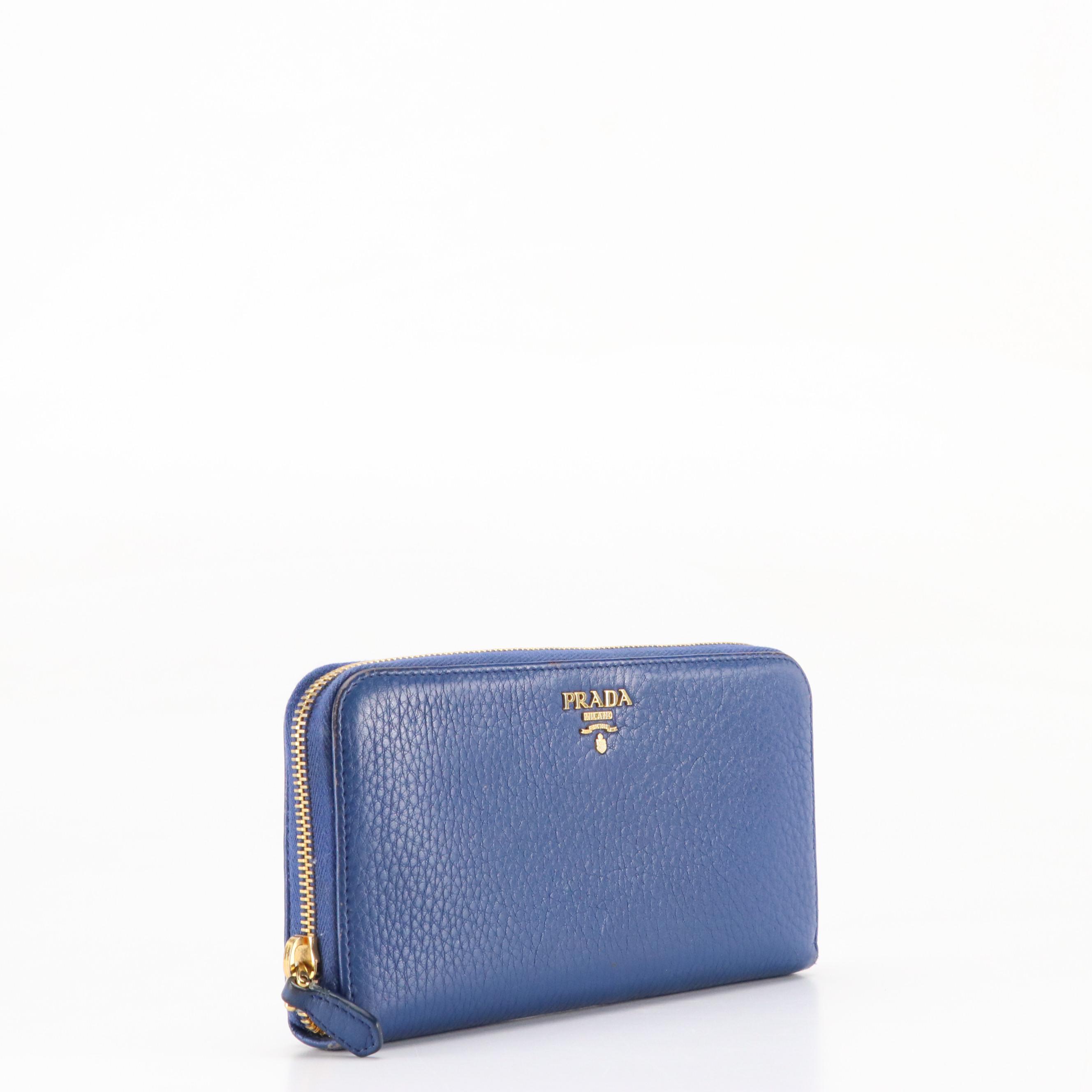 Prada Zip-Around Wallet in Blue Grained Leather with Box