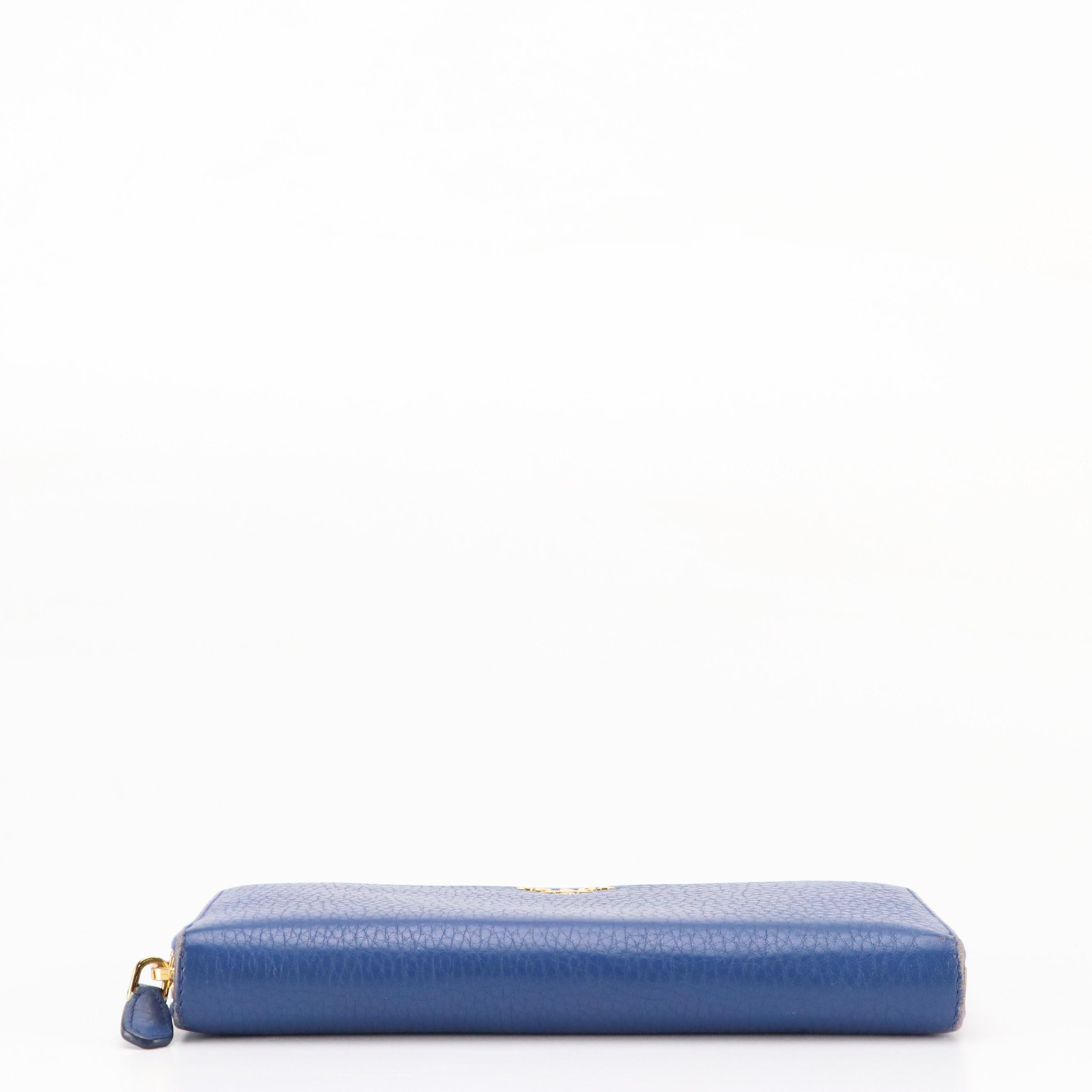 Prada Zip-Around Wallet in Blue Grained Leather with Box